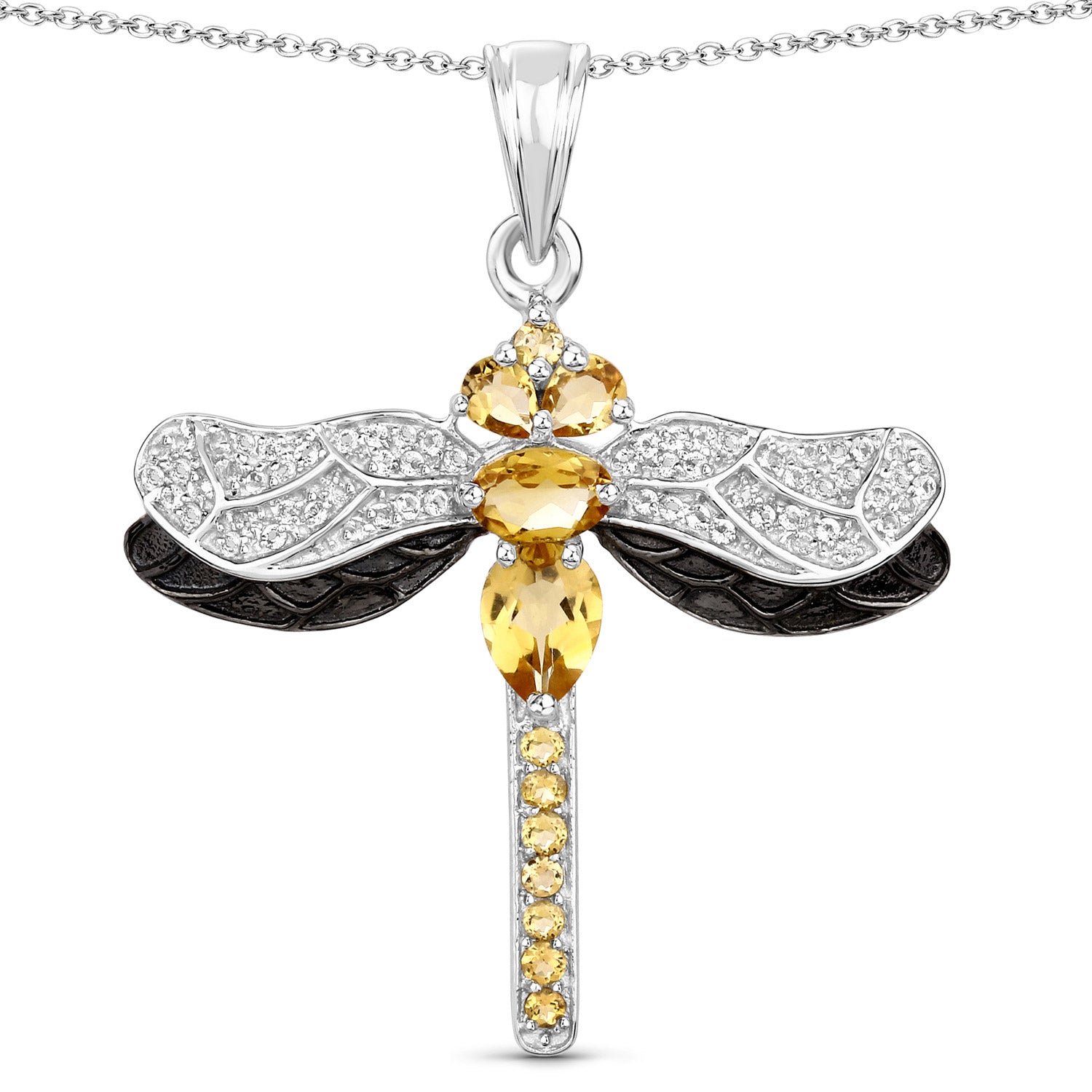 Yellow Genuine Citrine Sterling Silver Dragonfly Necklace