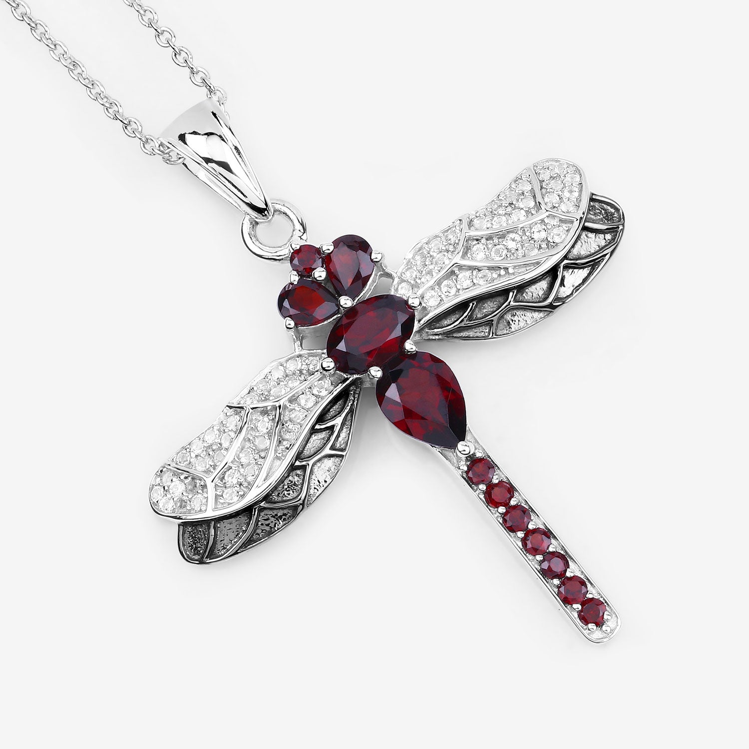 Genuine Red Garnet Silver Dragonfly Pendant Necklace