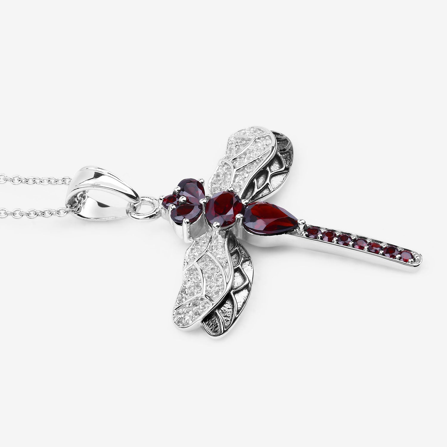 Genuine Red Garnet Silver Dragonfly Pendant Necklace