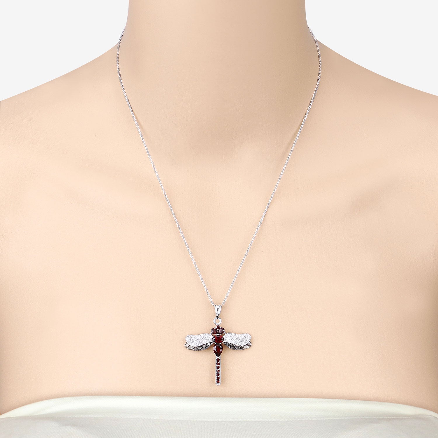 Genuine Red Garnet Silver Dragonfly Pendant Necklace