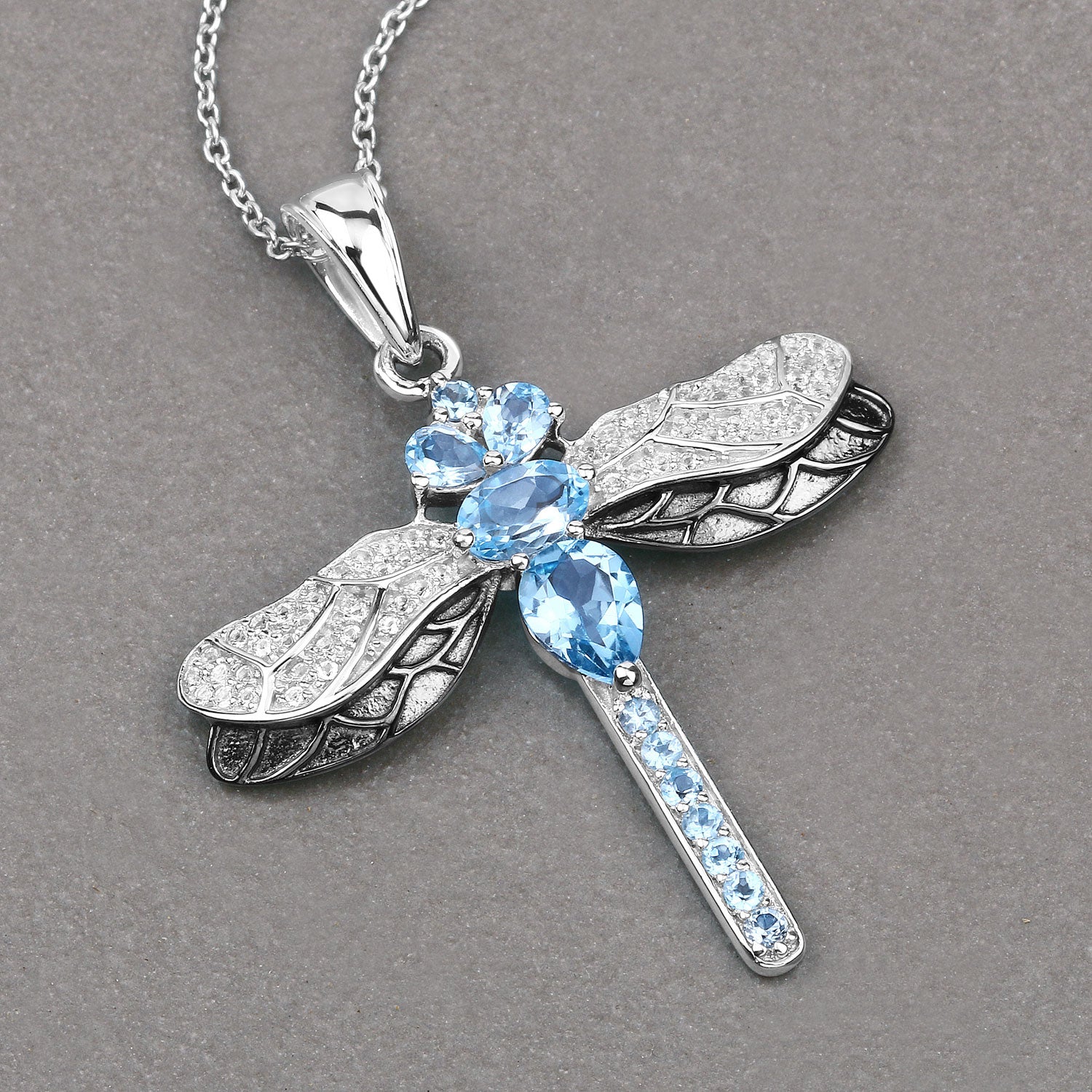Genuine Swiss Blue Topaz Silver Dragonfly Pendant Necklace