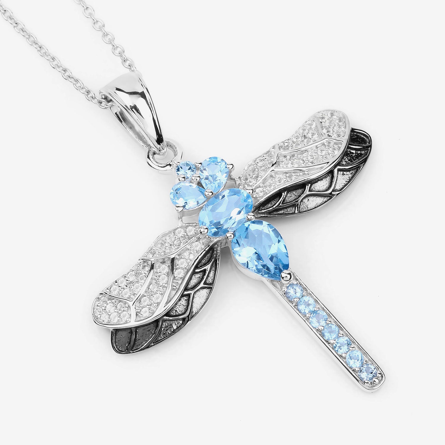 Genuine Swiss Blue Topaz Silver Dragonfly Pendant Necklace