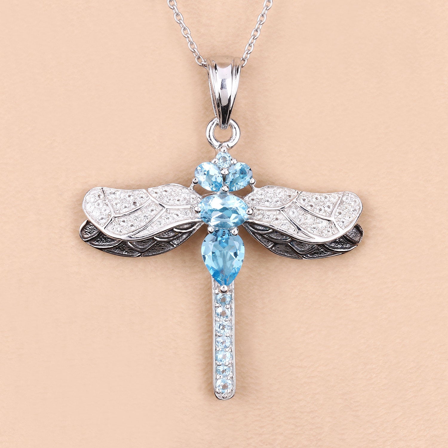 Genuine Swiss Blue Topaz Silver Dragonfly Pendant Necklace