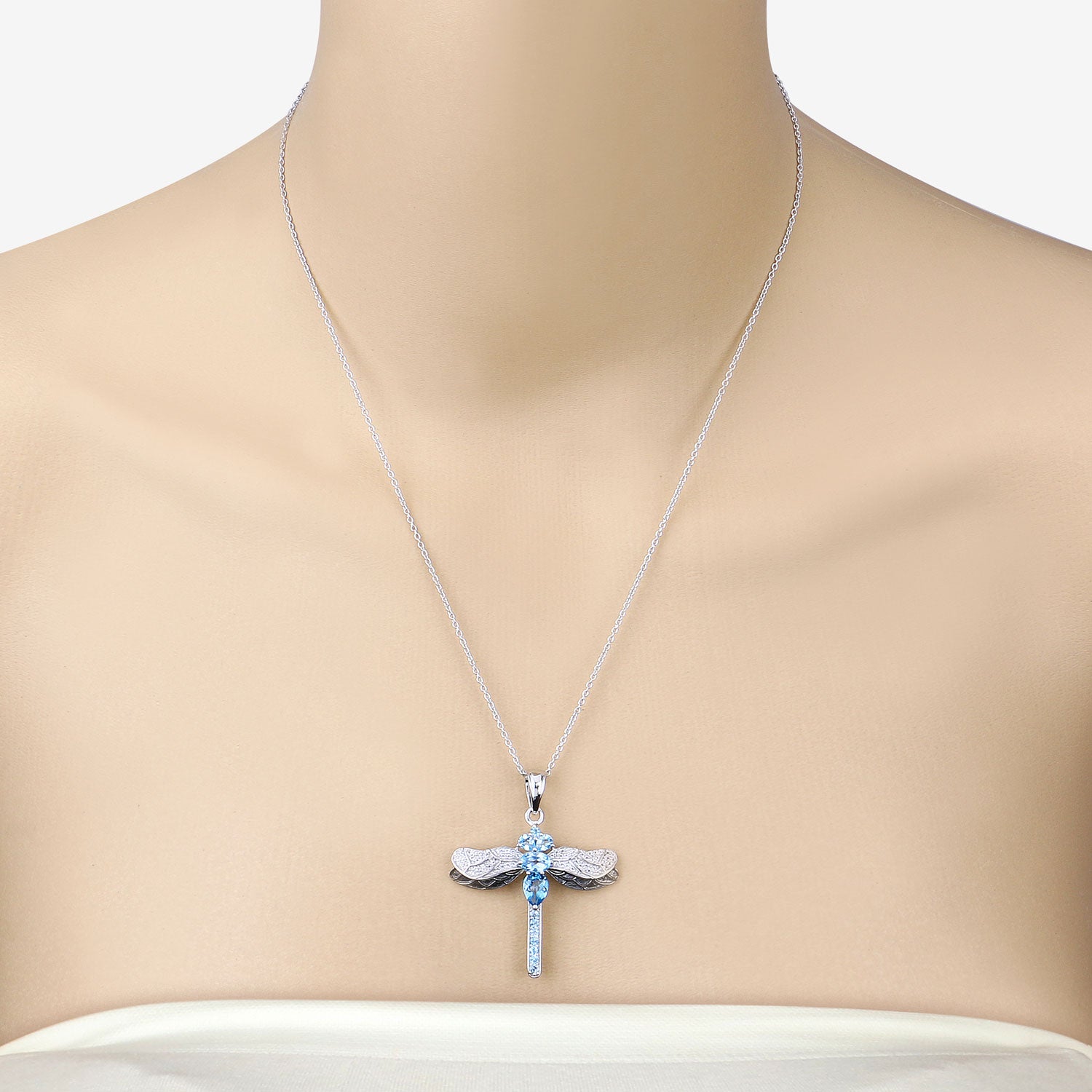 Genuine Swiss Blue Topaz Silver Dragonfly Pendant Necklace