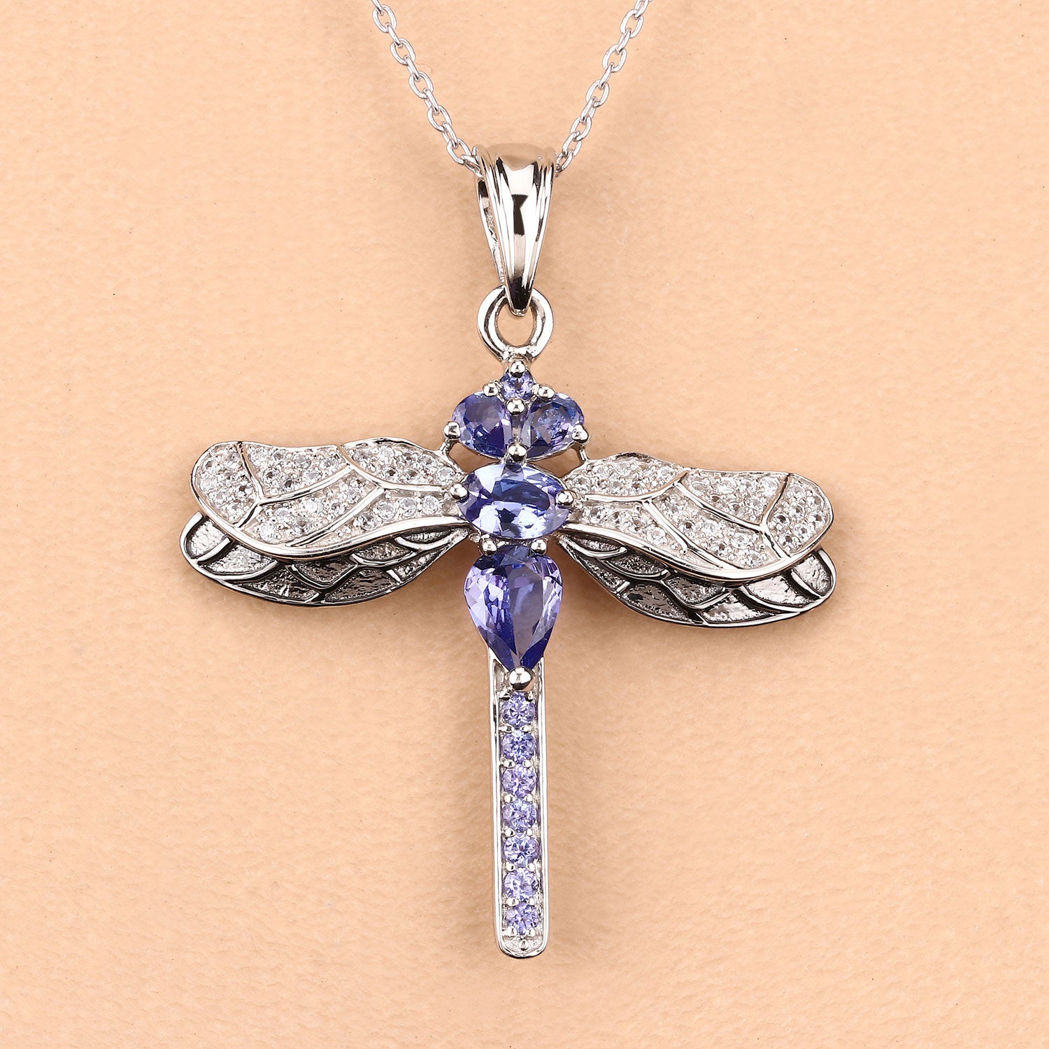 Genuine Tanzanite Silver Dragonfly Pendant Necklace