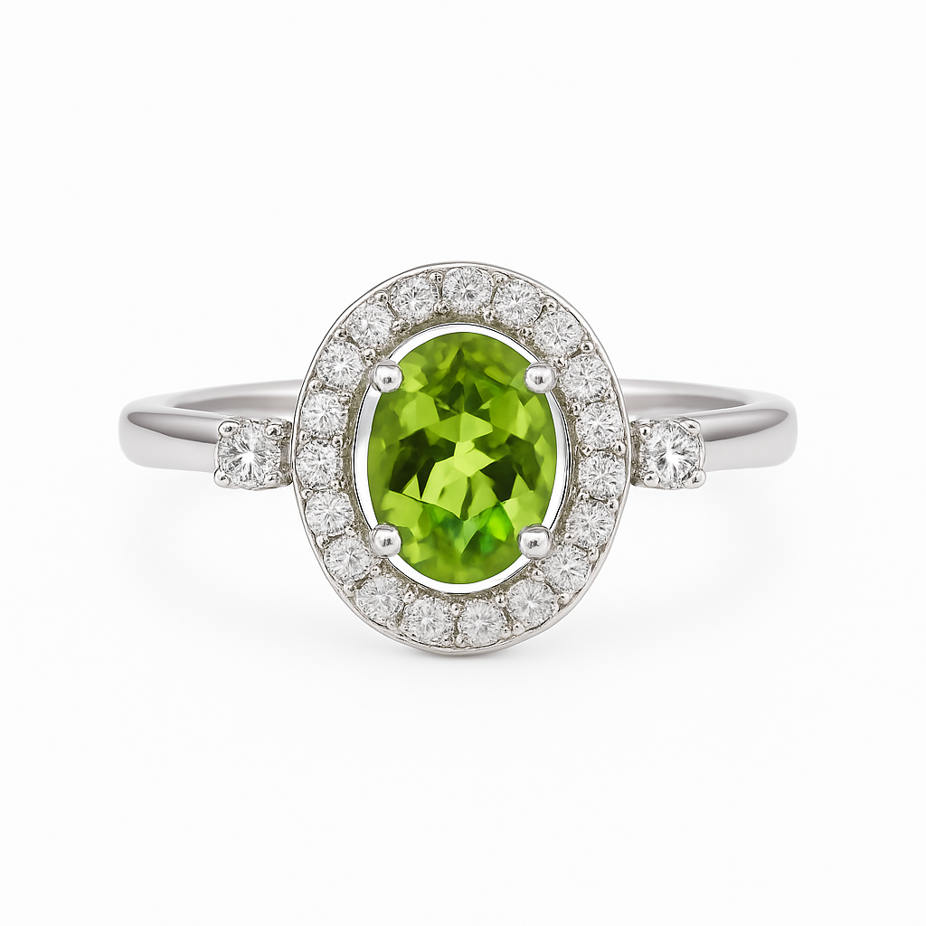 Natural Green Peridot Sterling Silver halo Engagement Ring