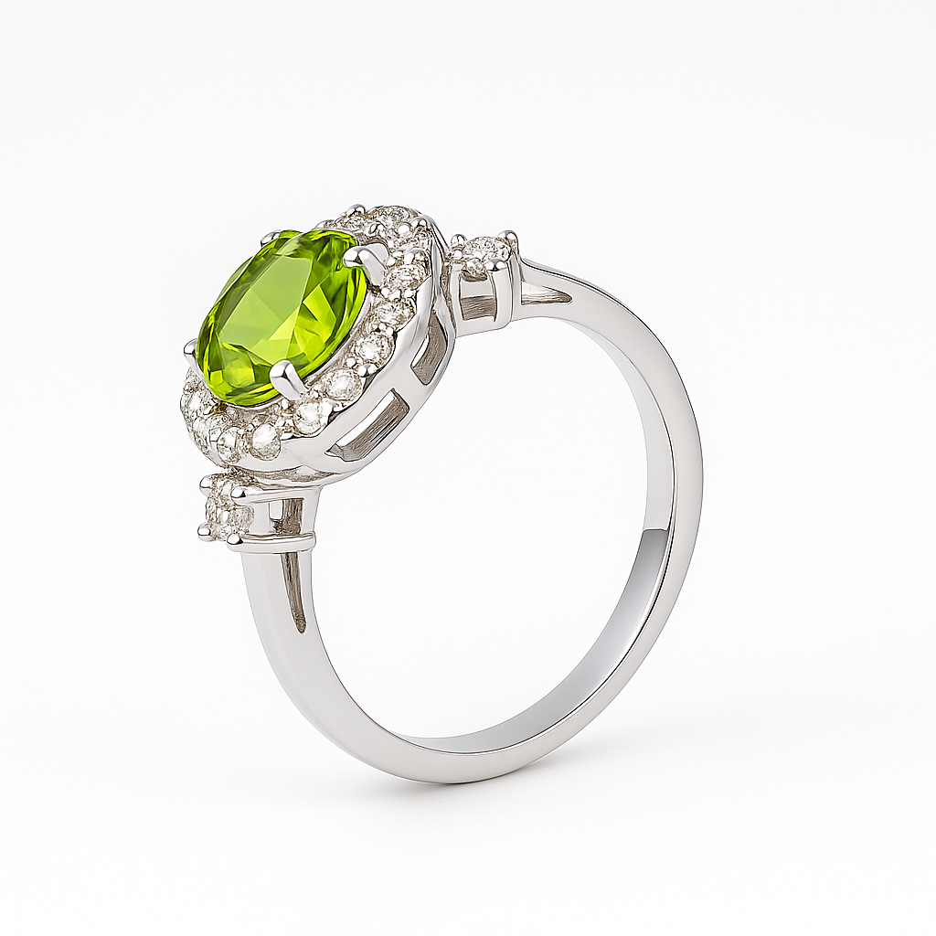 Natural Green Peridot Sterling Silver halo Engagement Ring