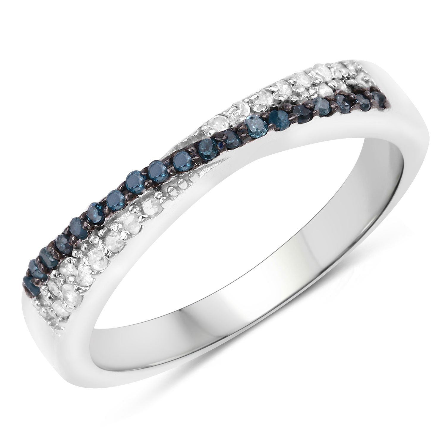 0.20 Cttw Round Teal Blue & White Diamond Pavé Rhodium Plated Silver Wave Band Ring
