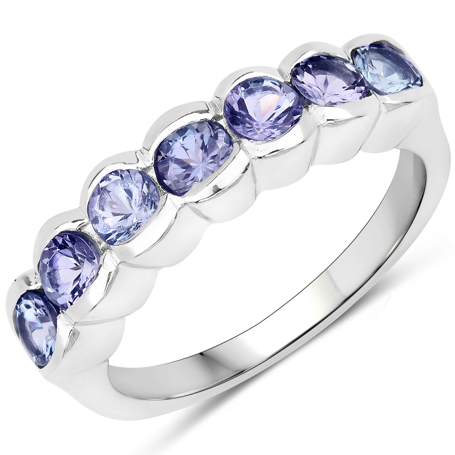 1.33 Cttw Round Violet Tanzanite Semi Bezel Rhodium over Silver Seven Stone Band Ring