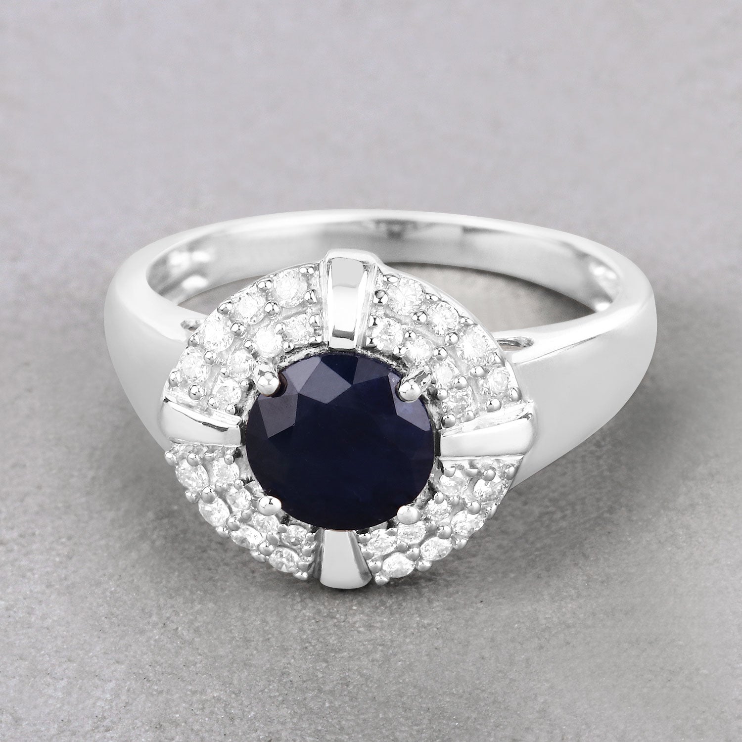 Genuine 10K Blue Sapphire and White Diamond Halo Ring