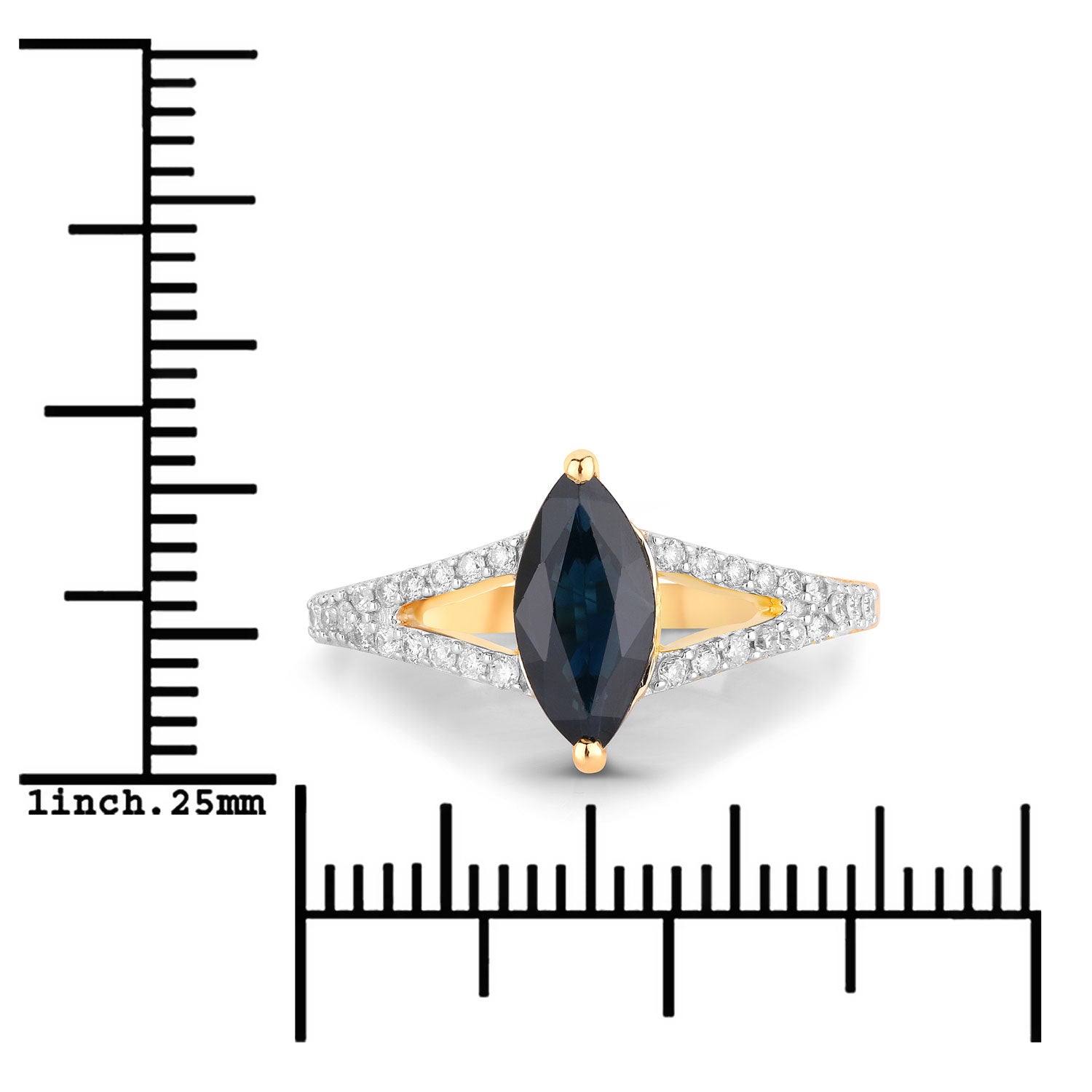 1.50ct Marquise Blue Sapphire and White Diamond Prong Bridge 14K Yellow Gold Ring image 3