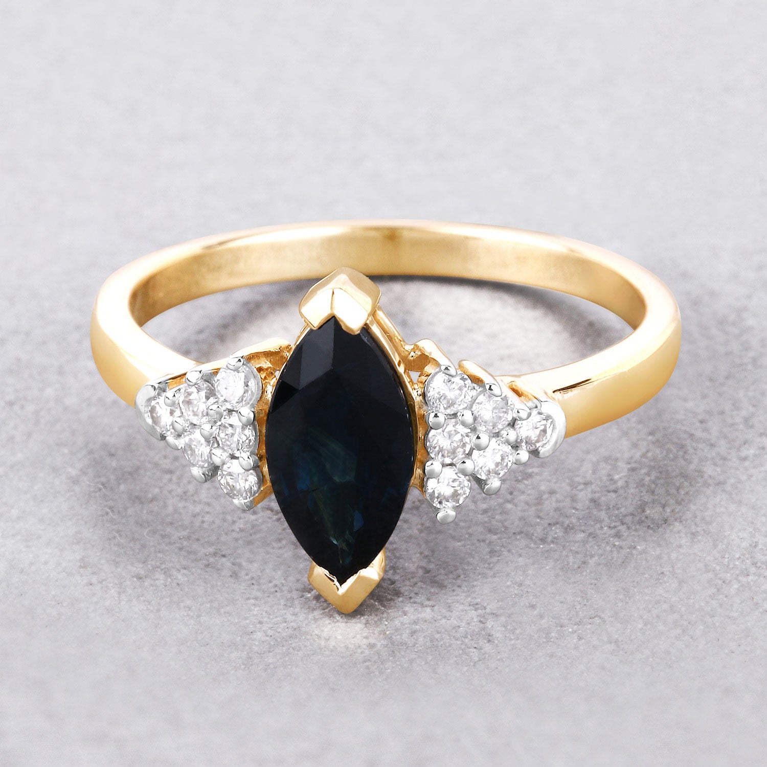 1.47ct Marquise Blue Sapphire and White Diamond Prong Cocktail 14K Yellow Gold Ring image 4