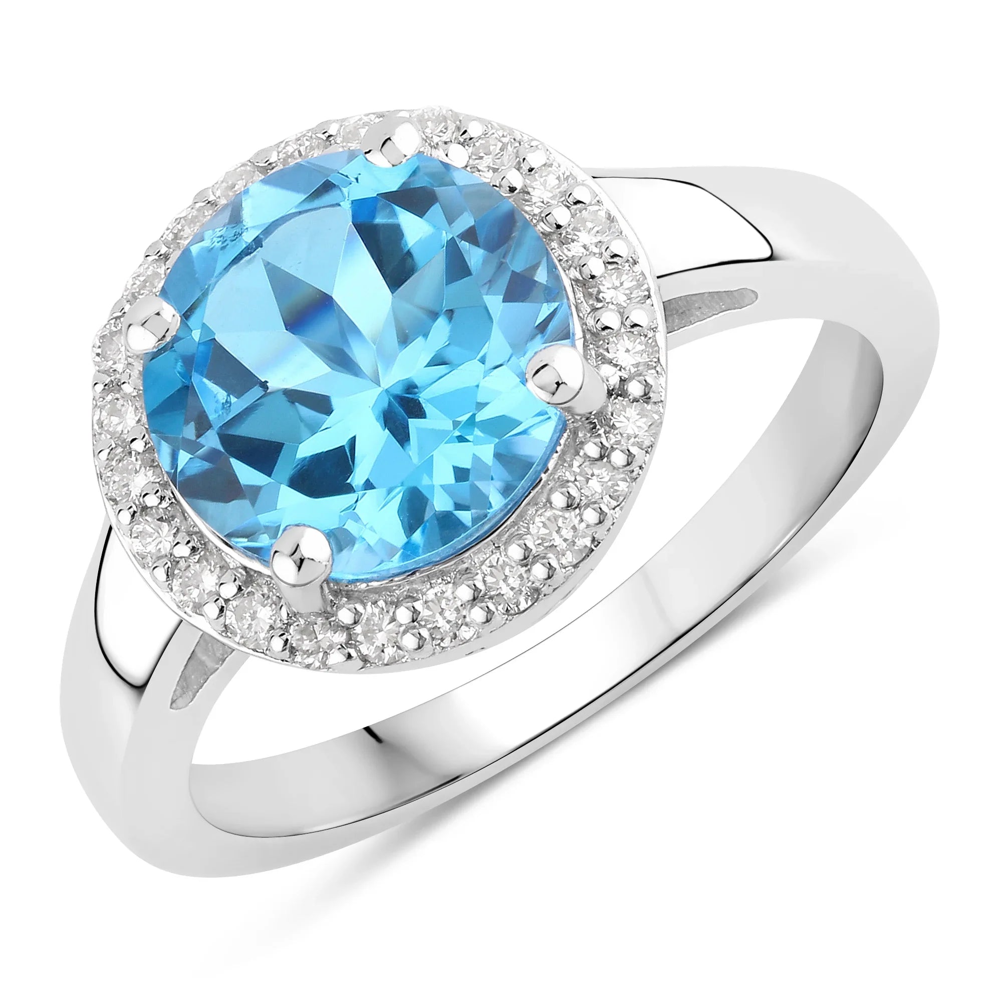 Natural Swiss Blue Topaz and Diamond Halo Ring