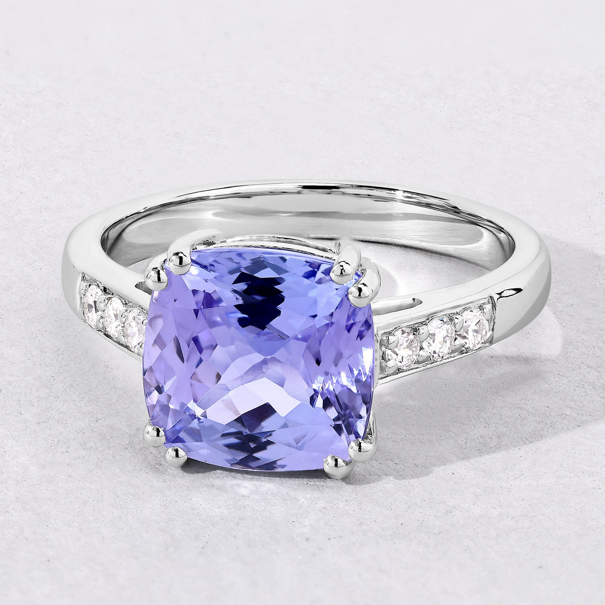 3.79 Cttw Cushion Violet Tanzanite and Lab Diamond Rhodium over Silver Bridge Ring