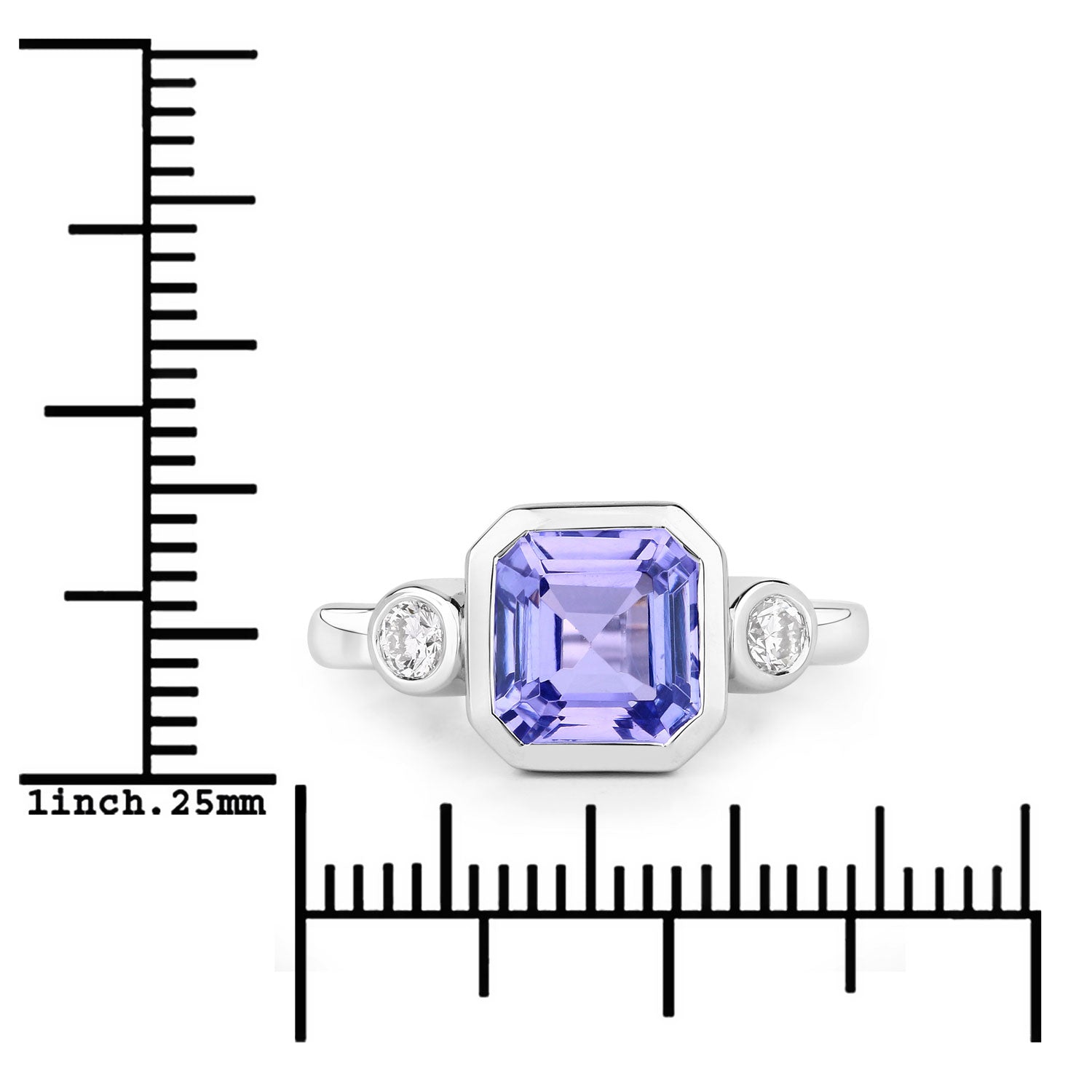 3.49 Cttw Octagon Violet Tanzanite and Lab Diamond Bezel Rhodium over Silver 3-Stone Ring