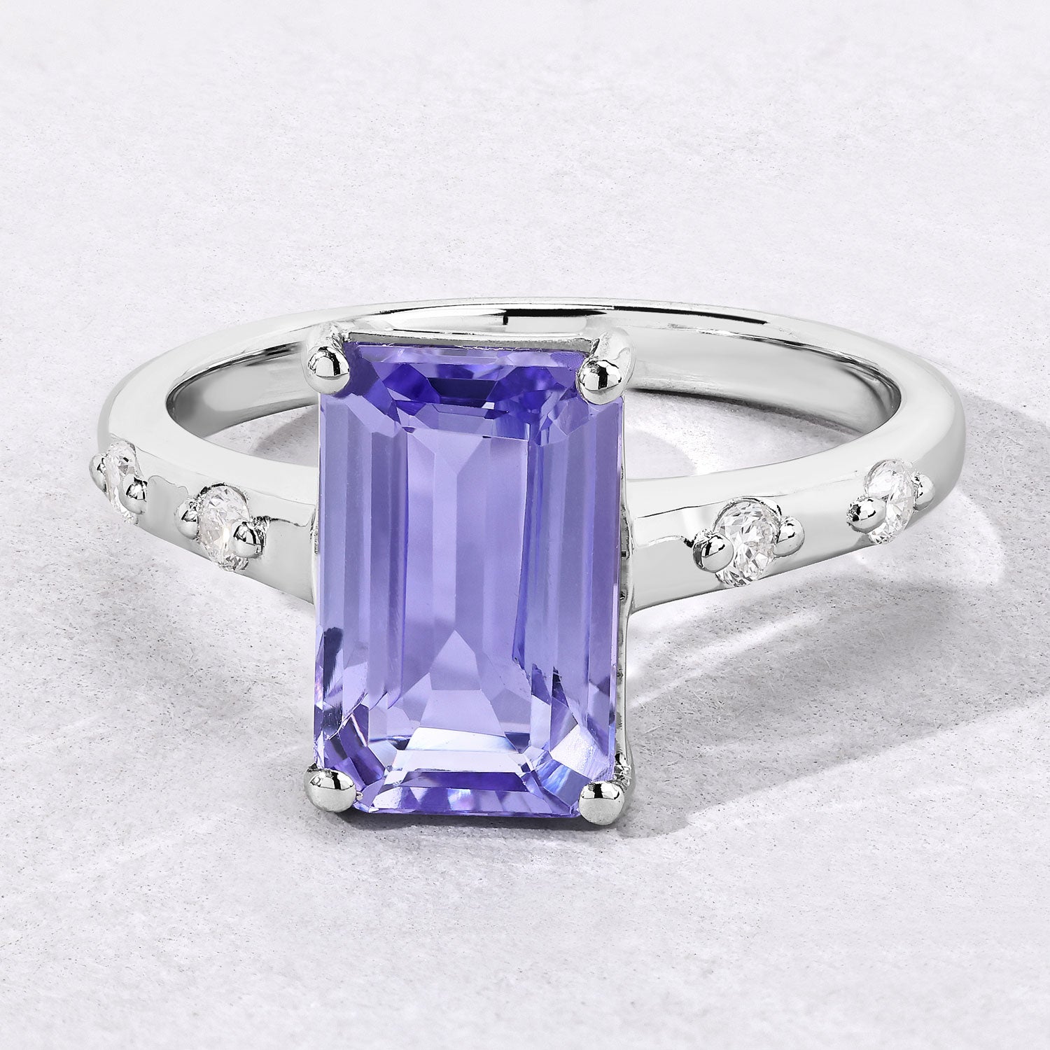 3.33 Cttw Octagon Violet Tanzanite and Lab Diamond Rhodium over Silver 5-Stone Ring