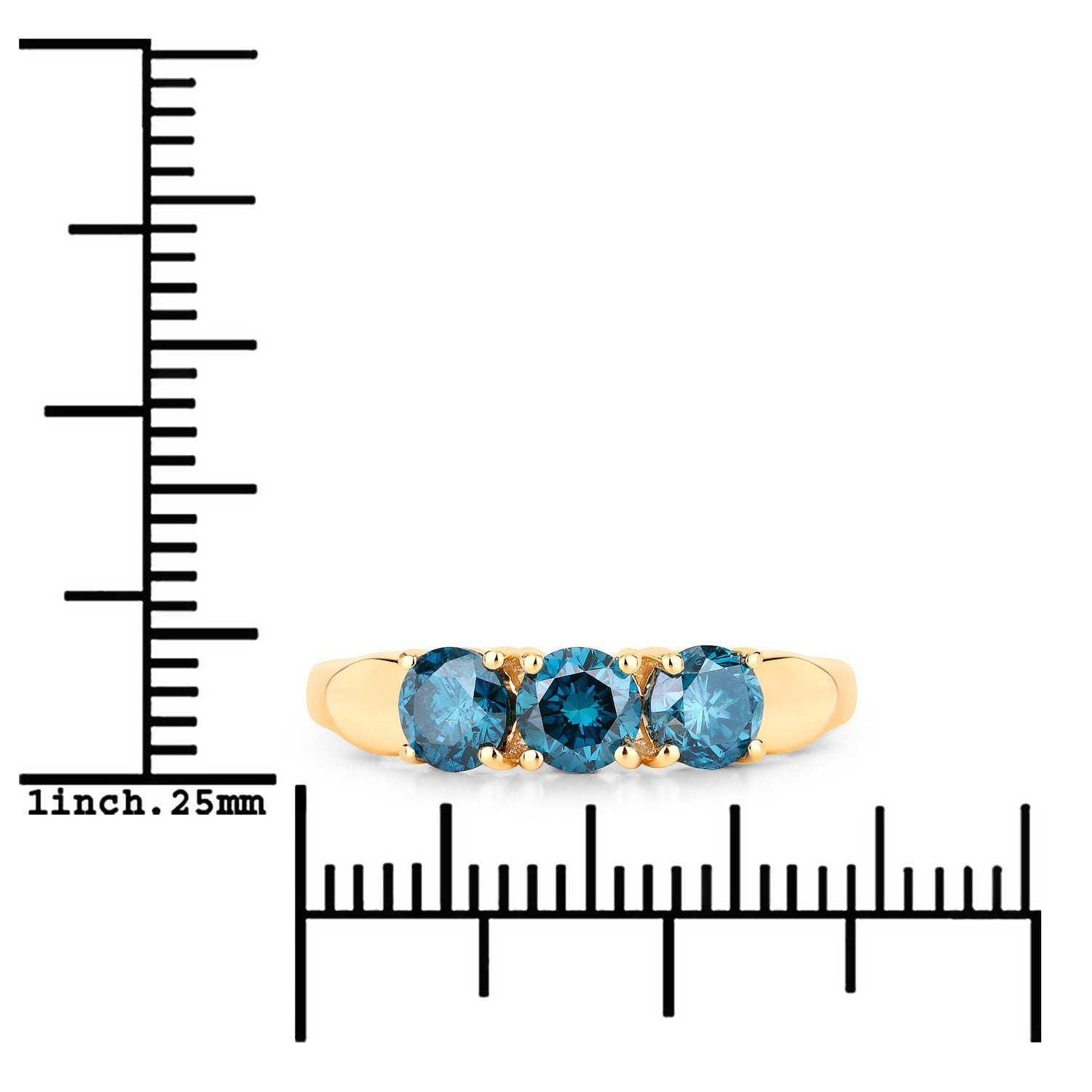 1.09 Cttw Round Teal Blue Diamond 14K Yellow Gold Three Stone Ring