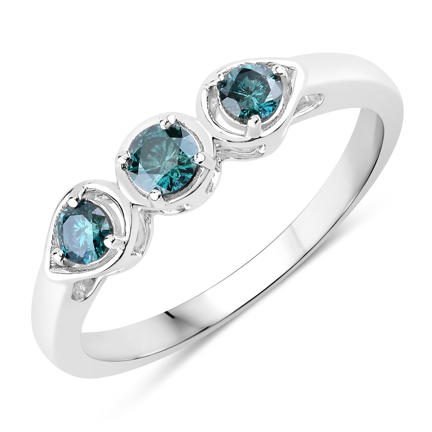 0.34 Cttw Round Teal Blue Diamond Rhodium Plated Silver 3-Stone Ring