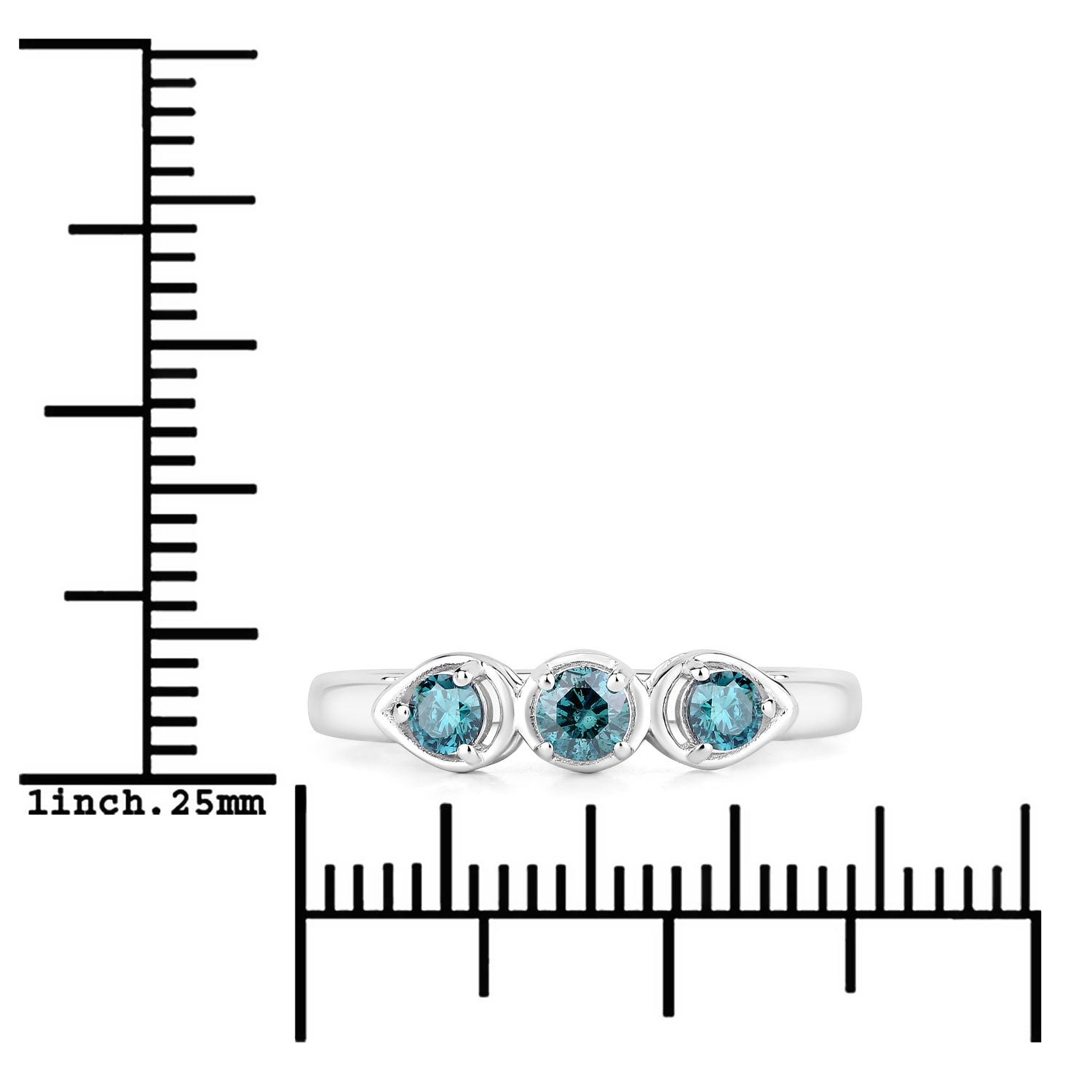 0.34 Cttw Round Teal Blue Diamond Rhodium Plated Silver 3-Stone Ring