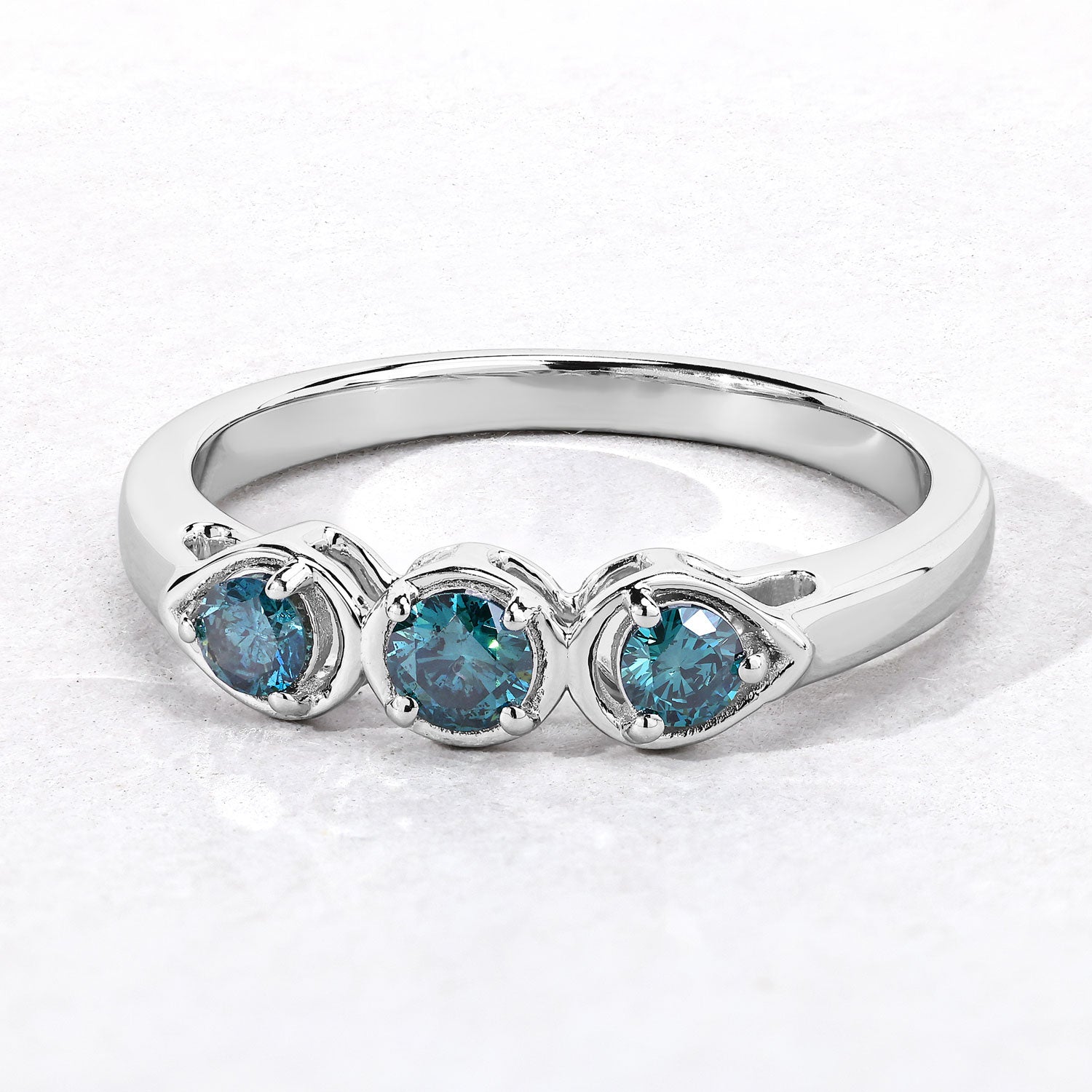 0.34 Cttw Round Teal Blue Diamond Rhodium Plated Silver 3-Stone Ring