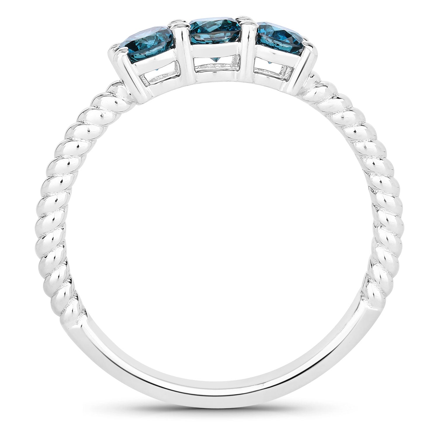 0.49 Cttw Round Teal Blue Diamond Rhodium Plated Silver 3-Stone Ring