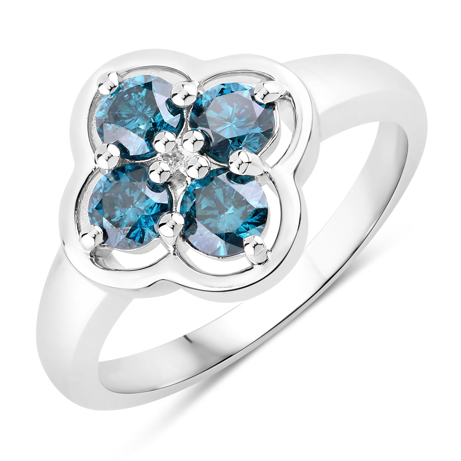 0.76 Cttw Round Teal Blue Diamond Rhodium Plated Silver Clover Cluster Ring