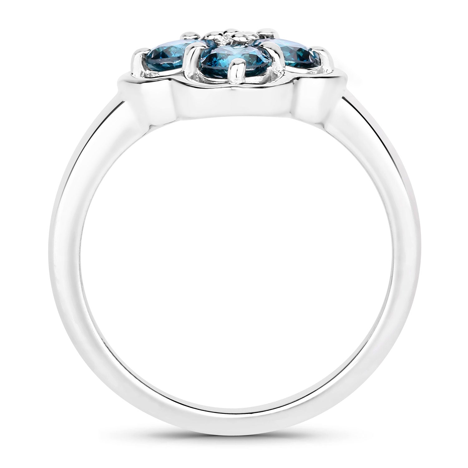 0.76 Cttw Round Teal Blue Diamond Rhodium Plated Silver Clover Cluster Ring