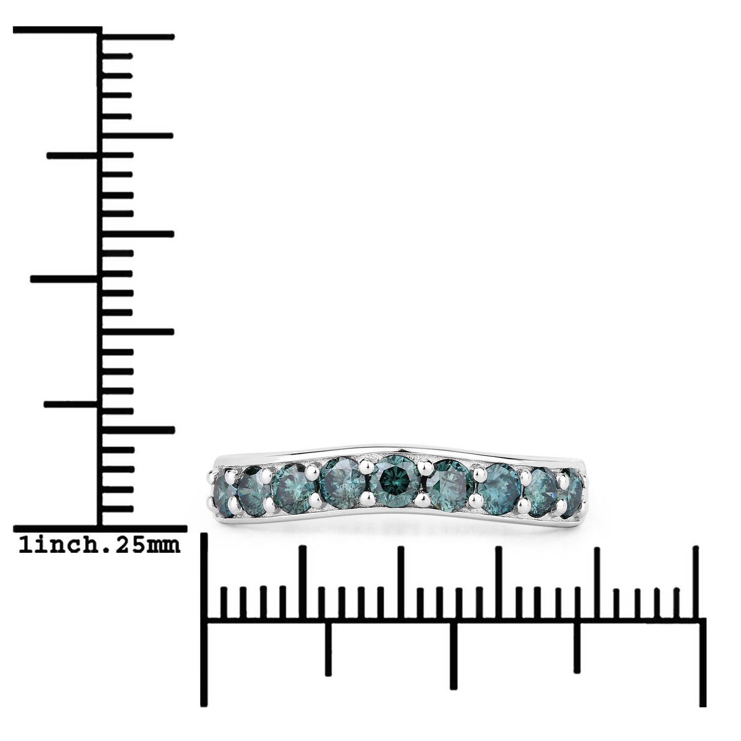 0.76 Cttw Round Teal Blue Diamond Rhodium Plated Silver Half Eternity Band Ring
