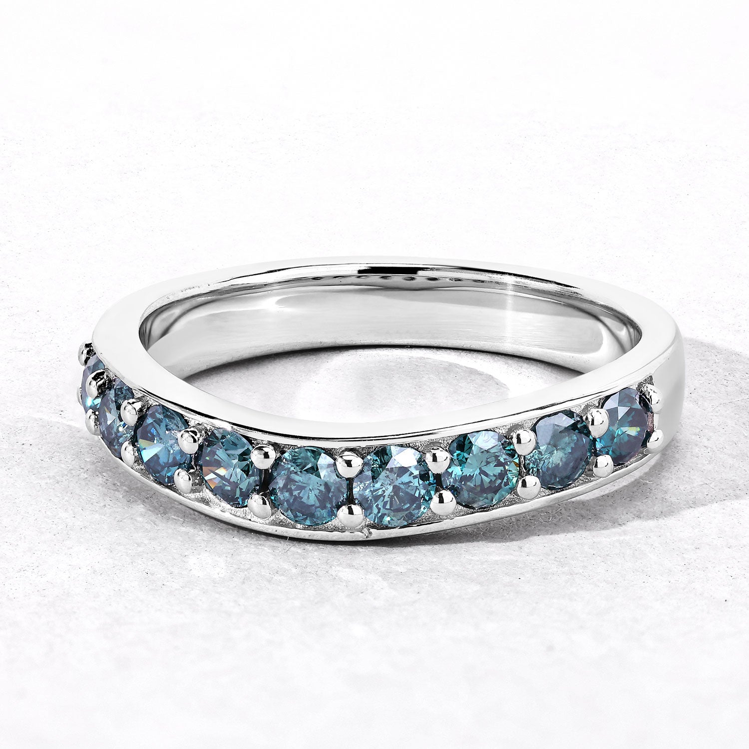 0.76 Cttw Round Teal Blue Diamond Rhodium Plated Silver Half Eternity Band Ring