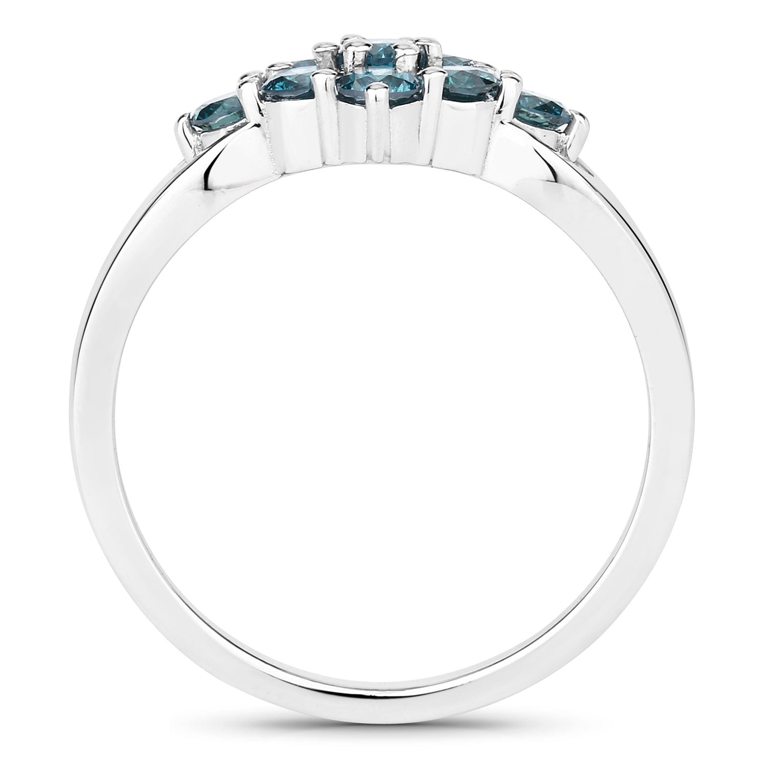 0.76 Cttw Round Teal Blue Diamond Rhodium Plated Silver Diagonal Cluster Ring
