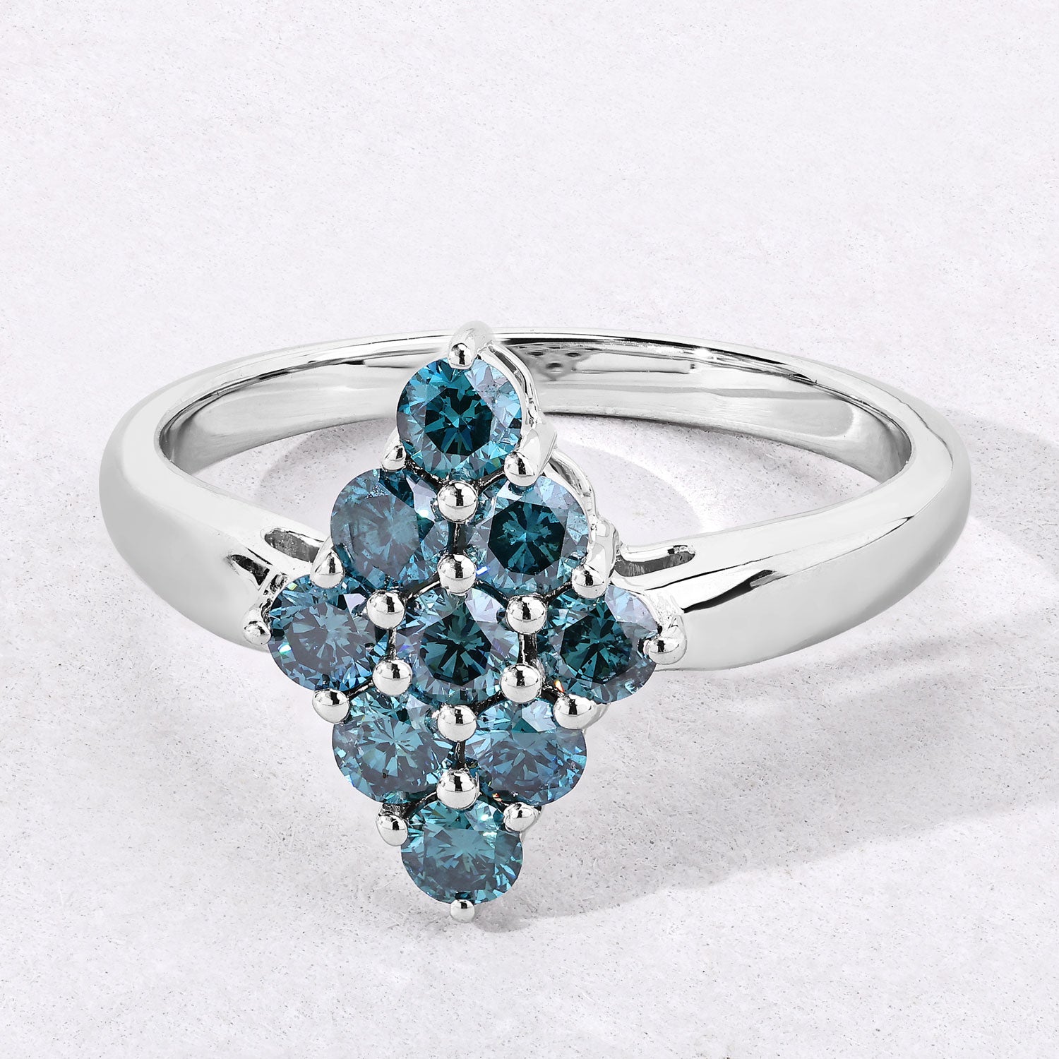 0.76 Cttw Round Teal Blue Diamond Rhodium Plated Silver Rhombus Cluster Ring