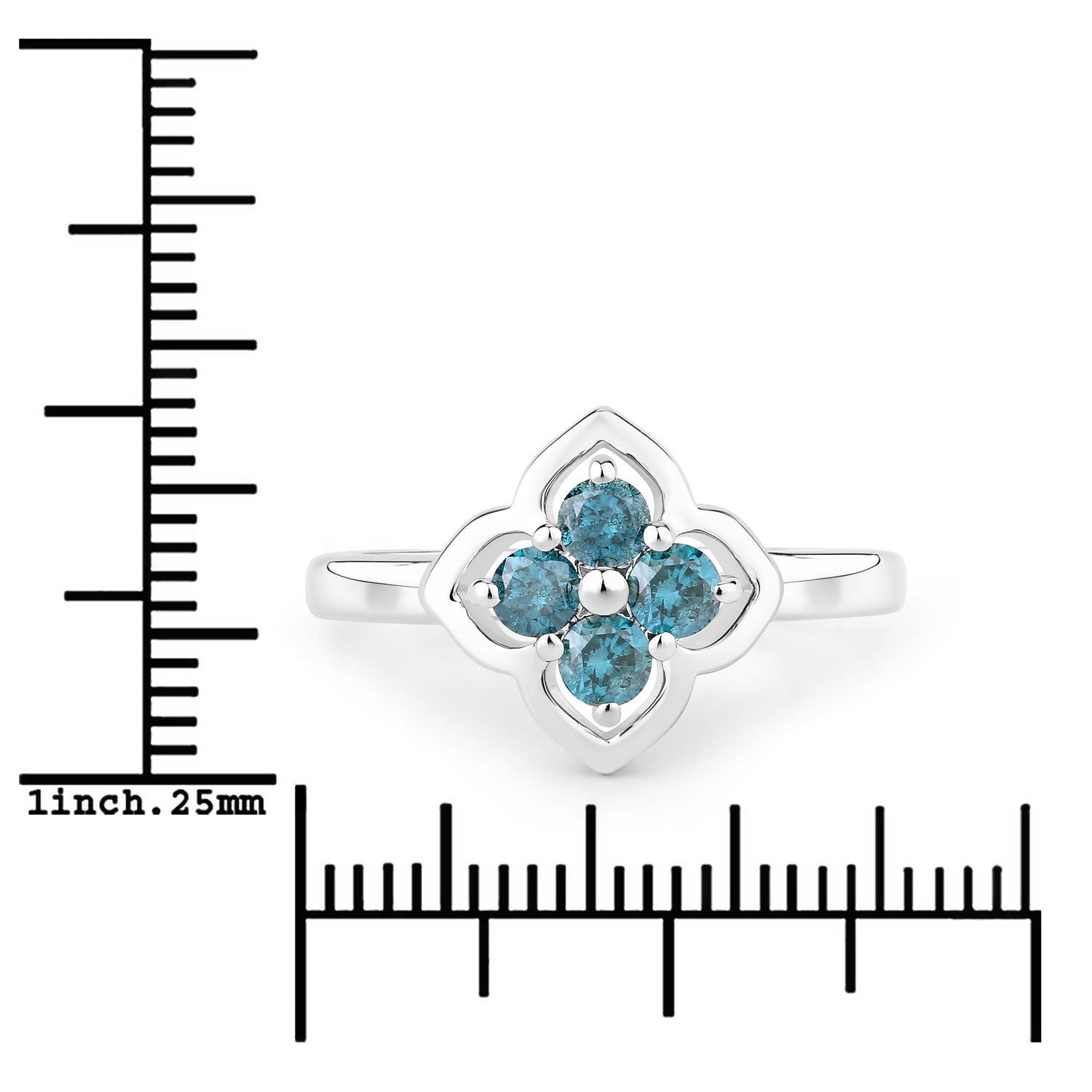 0.50 Cttw Round Teal Blue Diamond Rhodium Plated Silver Clover Cluster Ring