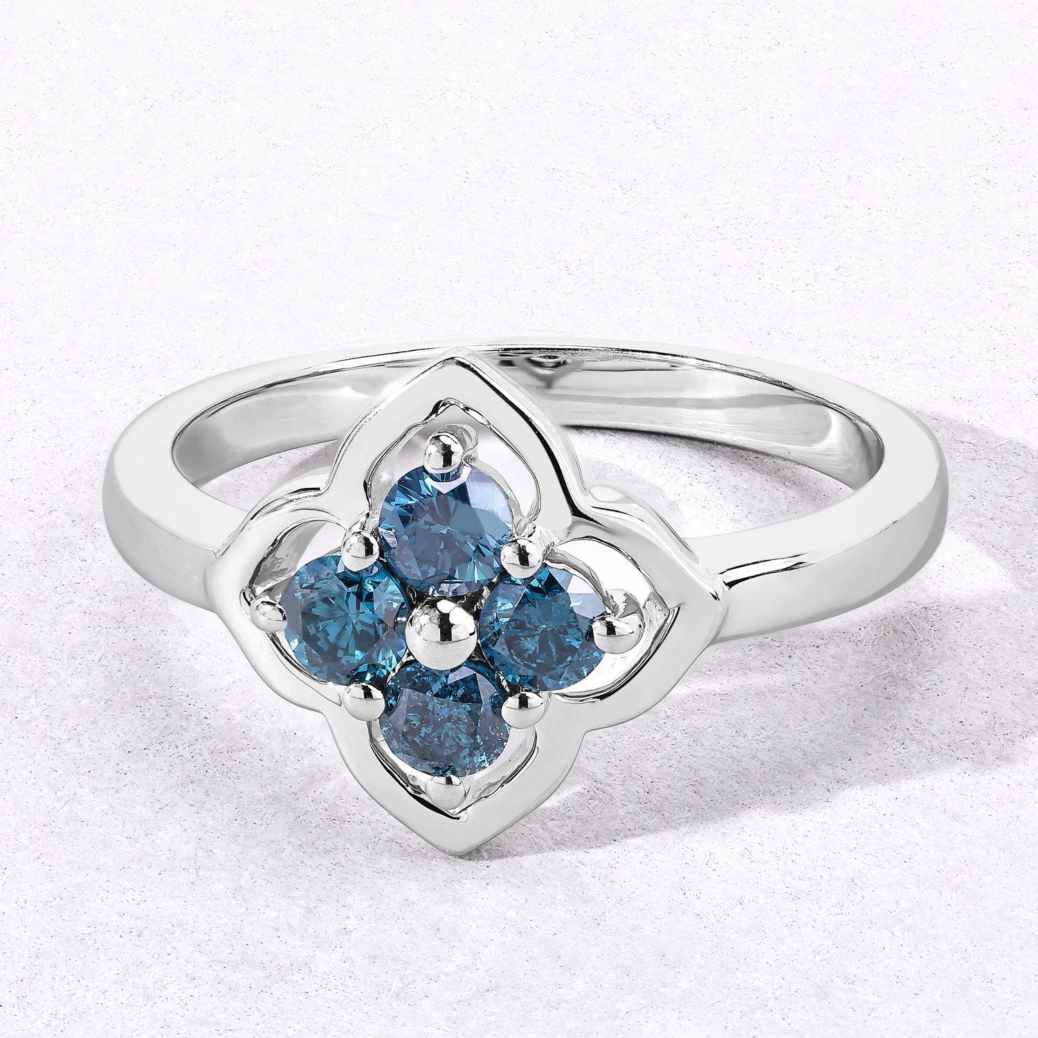 0.50 Cttw Round Teal Blue Diamond Rhodium Plated Silver Clover Cluster Ring