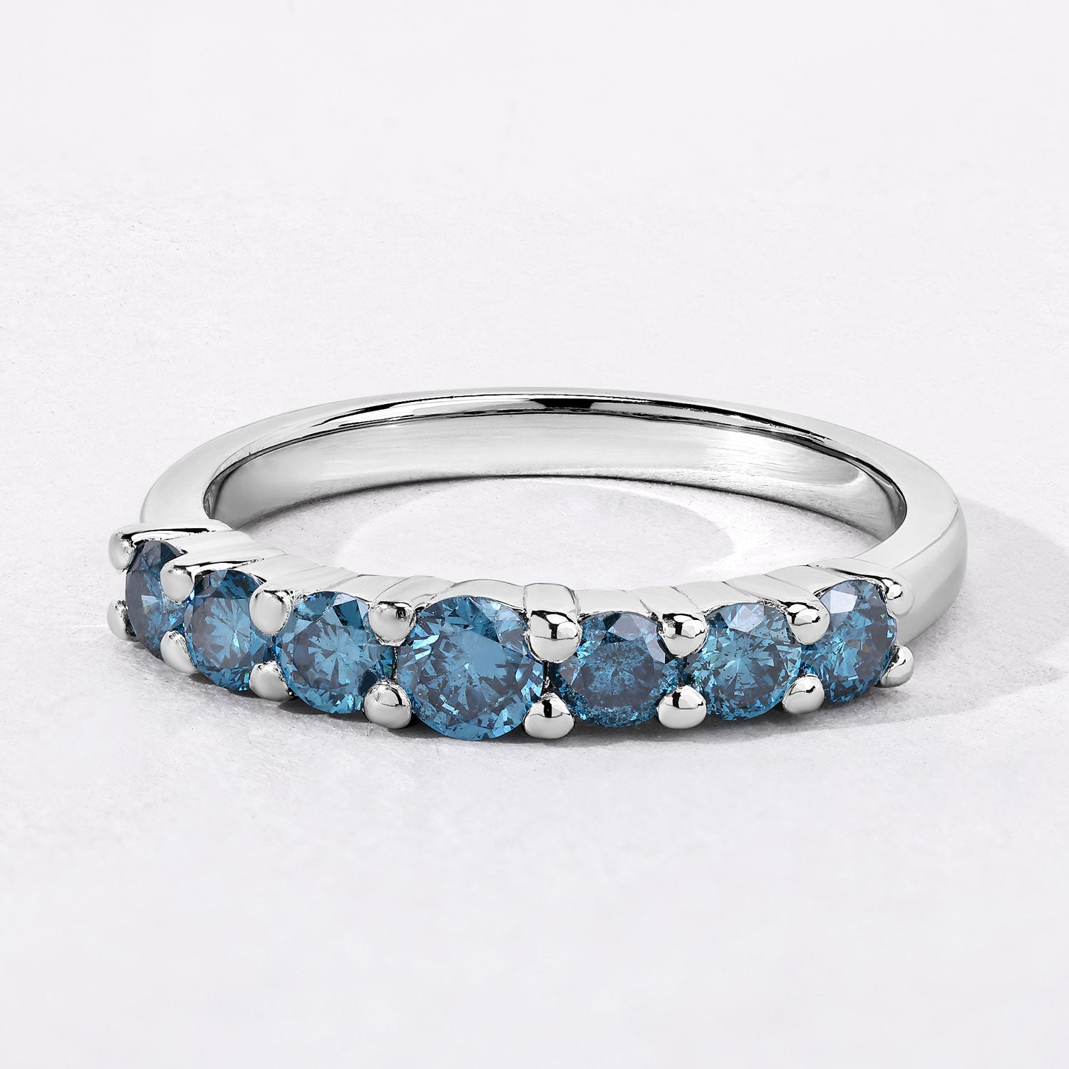 0.76 Cttw Round Teal Blue Diamond Rhodium Plated 925 Silver Five Stone Band Ring