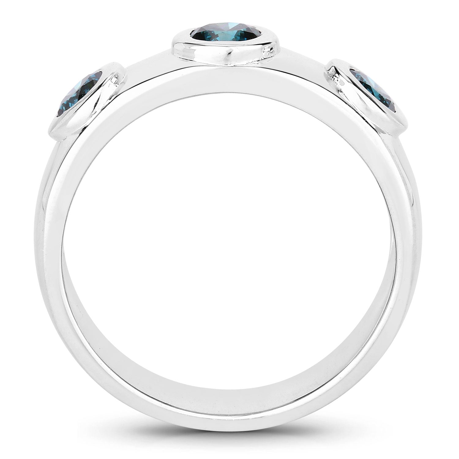 0.75 Cttw Round Teal Blue Diamond Bezel Rhodium Plated Silver Three Stone Band Ring