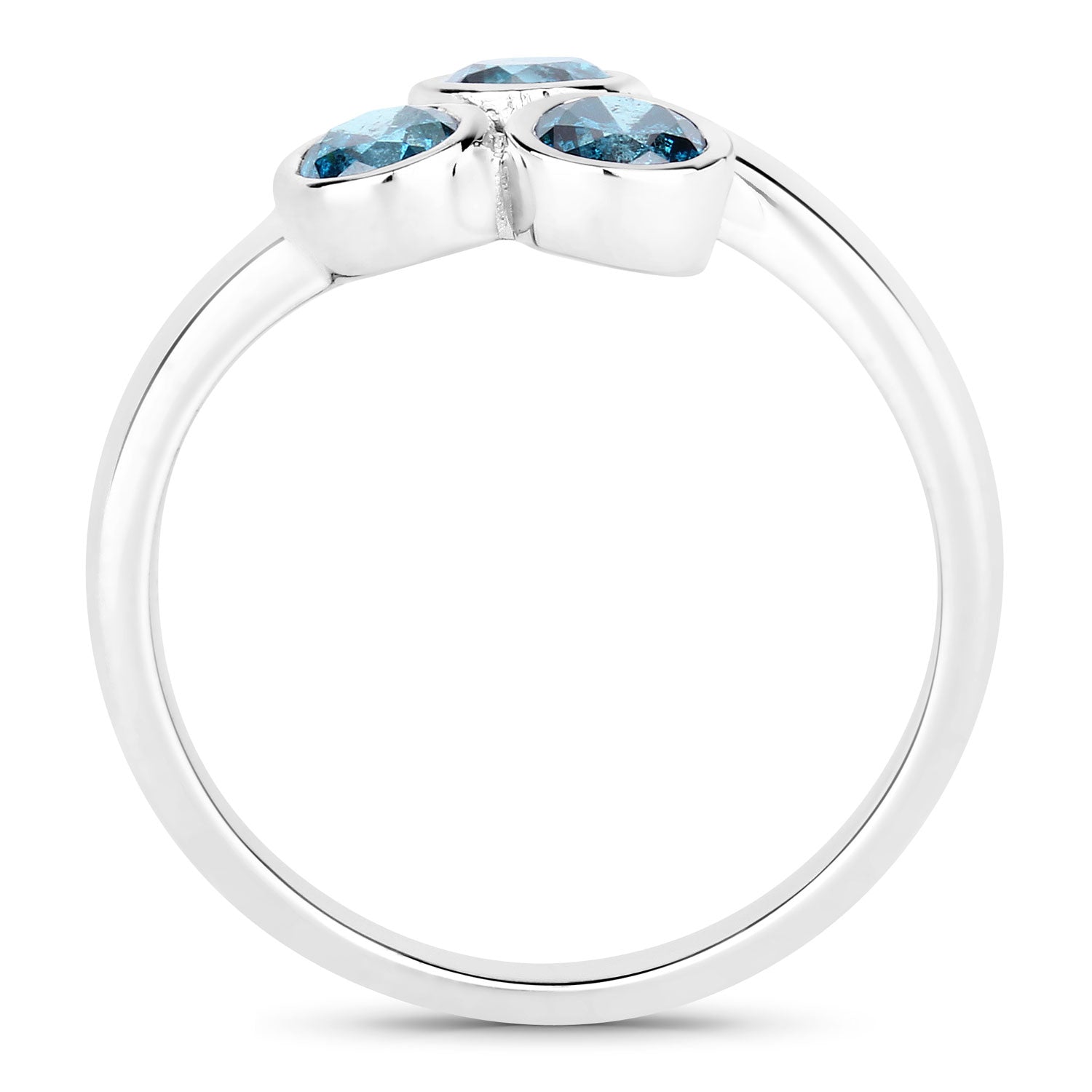 0.75 Cttw Round Teal Blue Diamond Bezel Rhodium Plated Silver Three Stone Bypass Ring