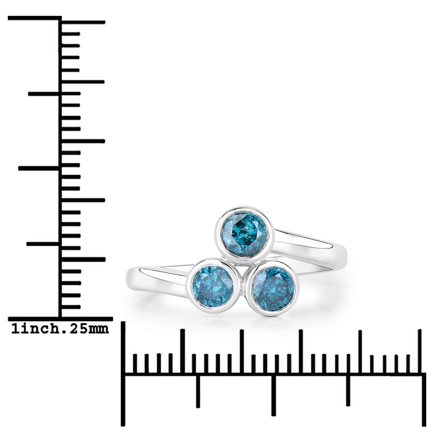 0.75 Cttw Round Teal Blue Diamond Bezel Rhodium Plated Silver Three Stone Bypass Ring