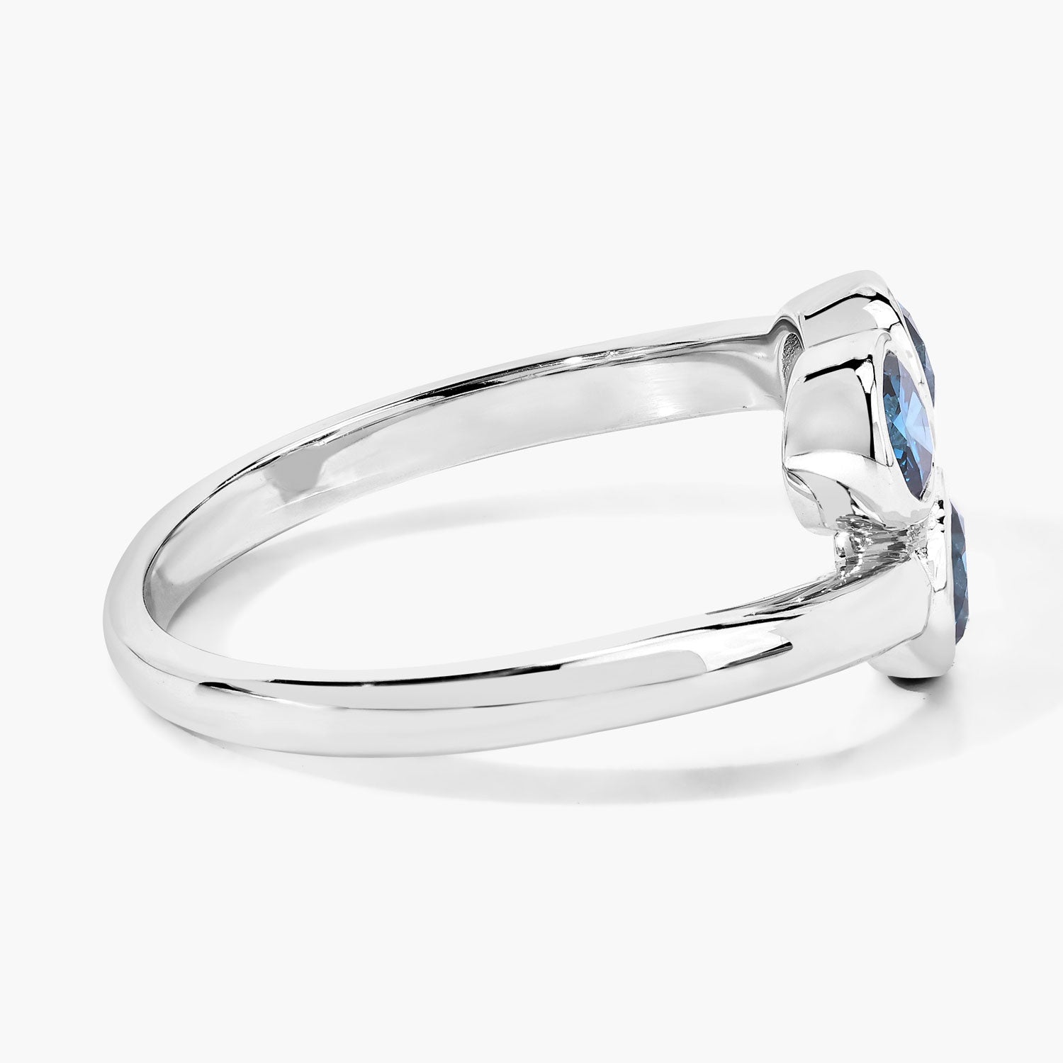 0.75 Cttw Round Teal Blue Diamond Bezel Rhodium Plated Silver Three Stone Bypass Ring