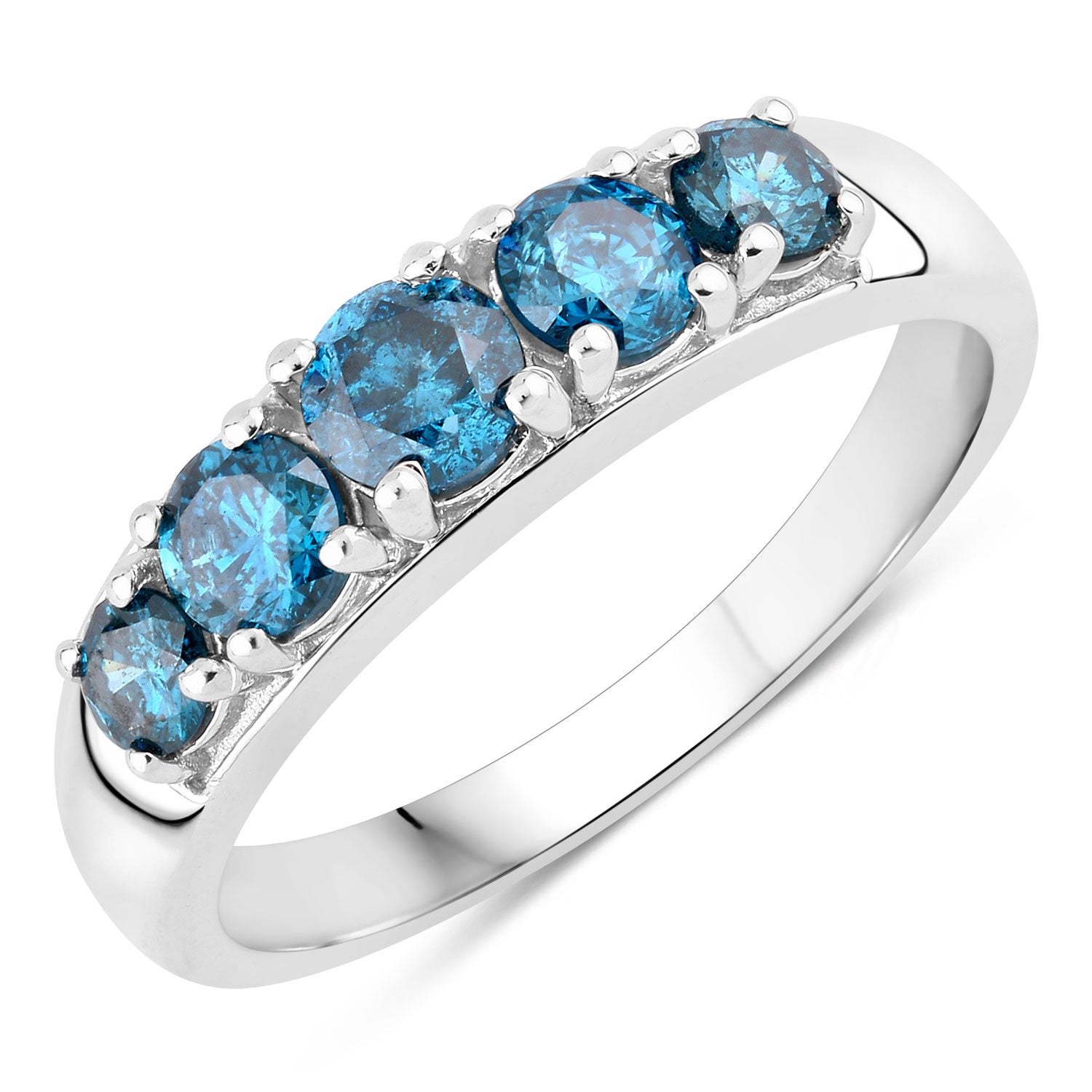 0.75 Cttw Round Teal Blue Diamond Rhodium Plated Silver Five Stone Band Ring