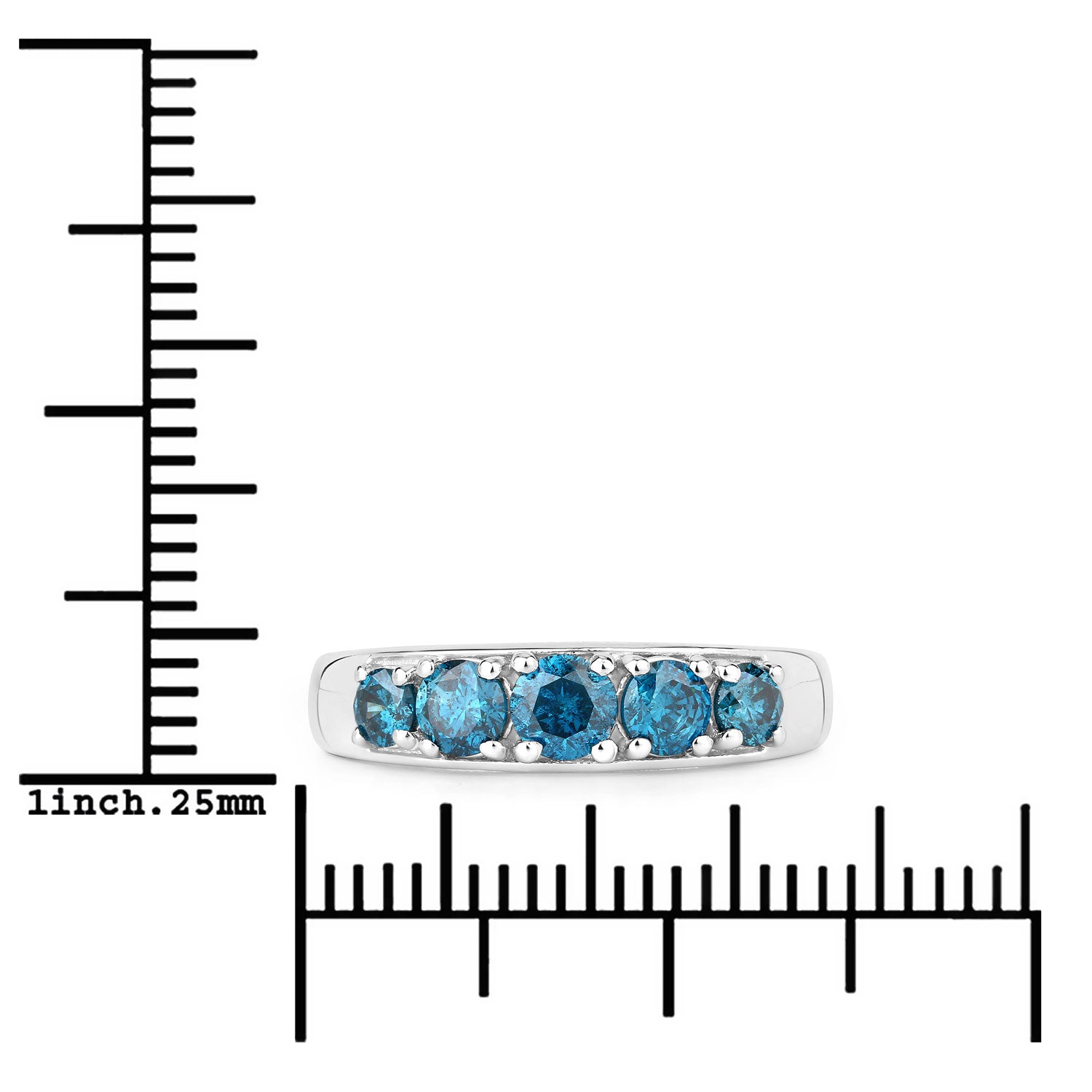 0.75 Cttw Round Teal Blue Diamond Rhodium Plated Silver Five Stone Band Ring