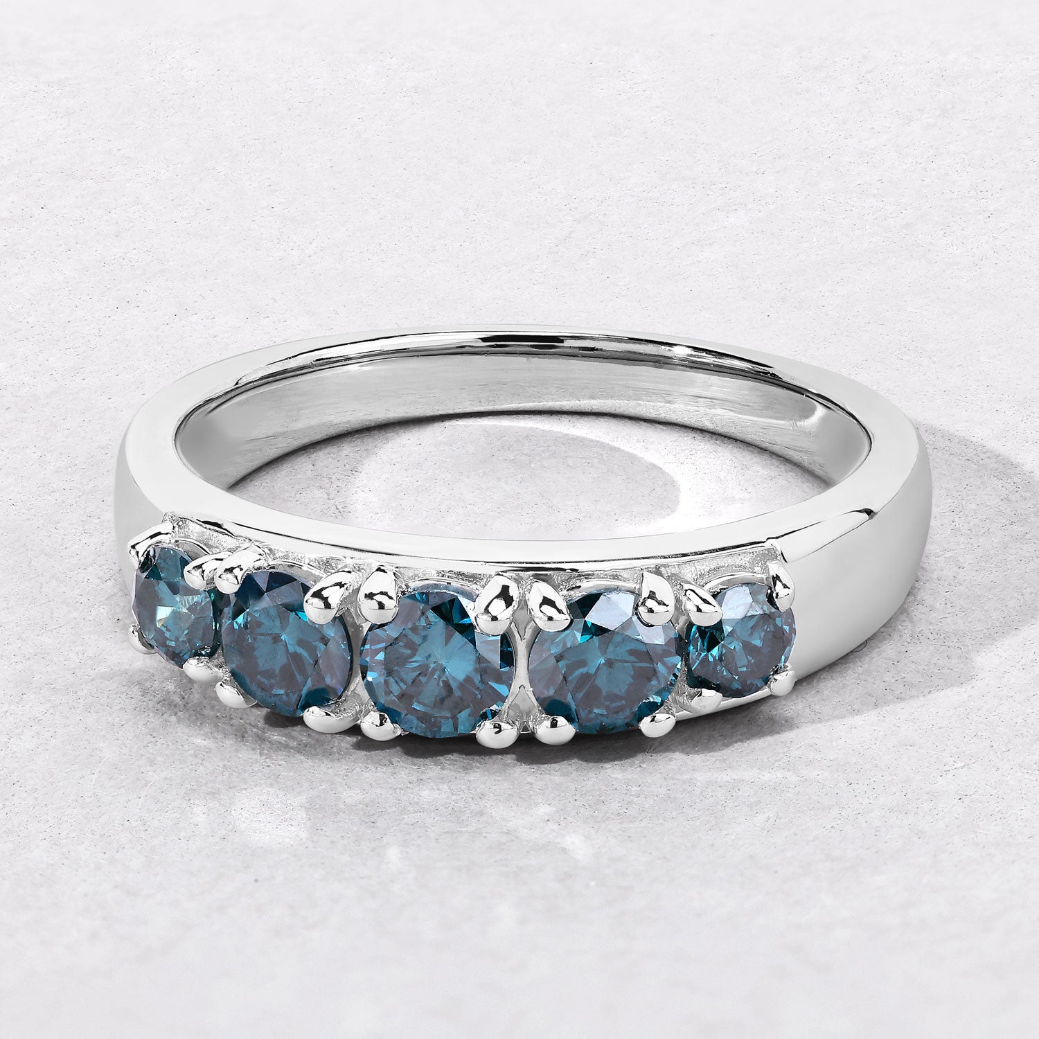 0.75 Cttw Round Teal Blue Diamond Rhodium Plated Silver Five Stone Band Ring