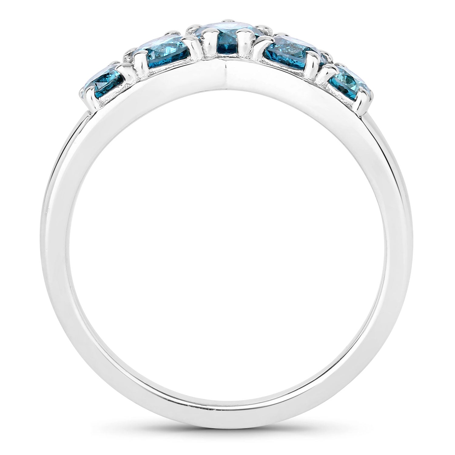 0.75 Cttw Round Teal Blue Diamond Rhodium Plated Silver Five Stone Chevron Band Ring