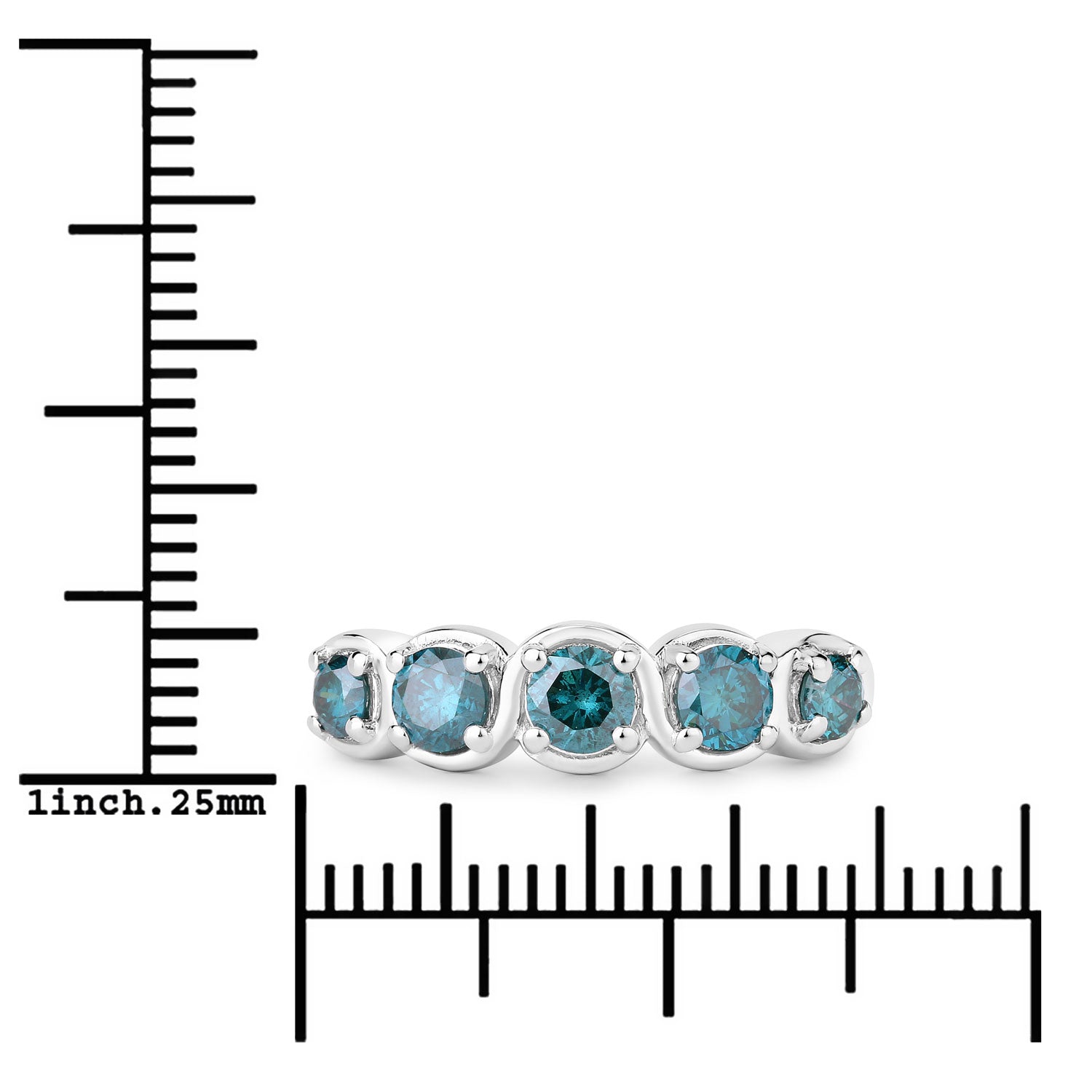 0.75 Cttw Round Teal Blue Diamond Rhodium Plated Silver S-Curve Five Stone Half Eternity Ring