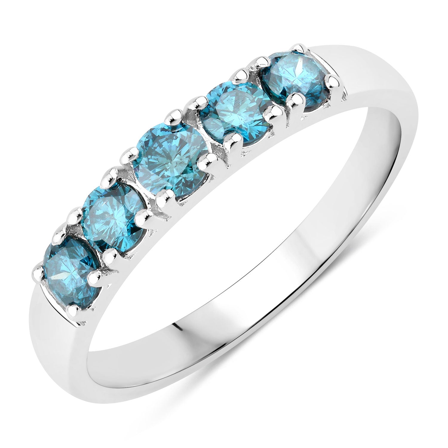 0.76 Cttw Round Teal Blue Diamond Rhodium Over Silver Five Stone Band Ring