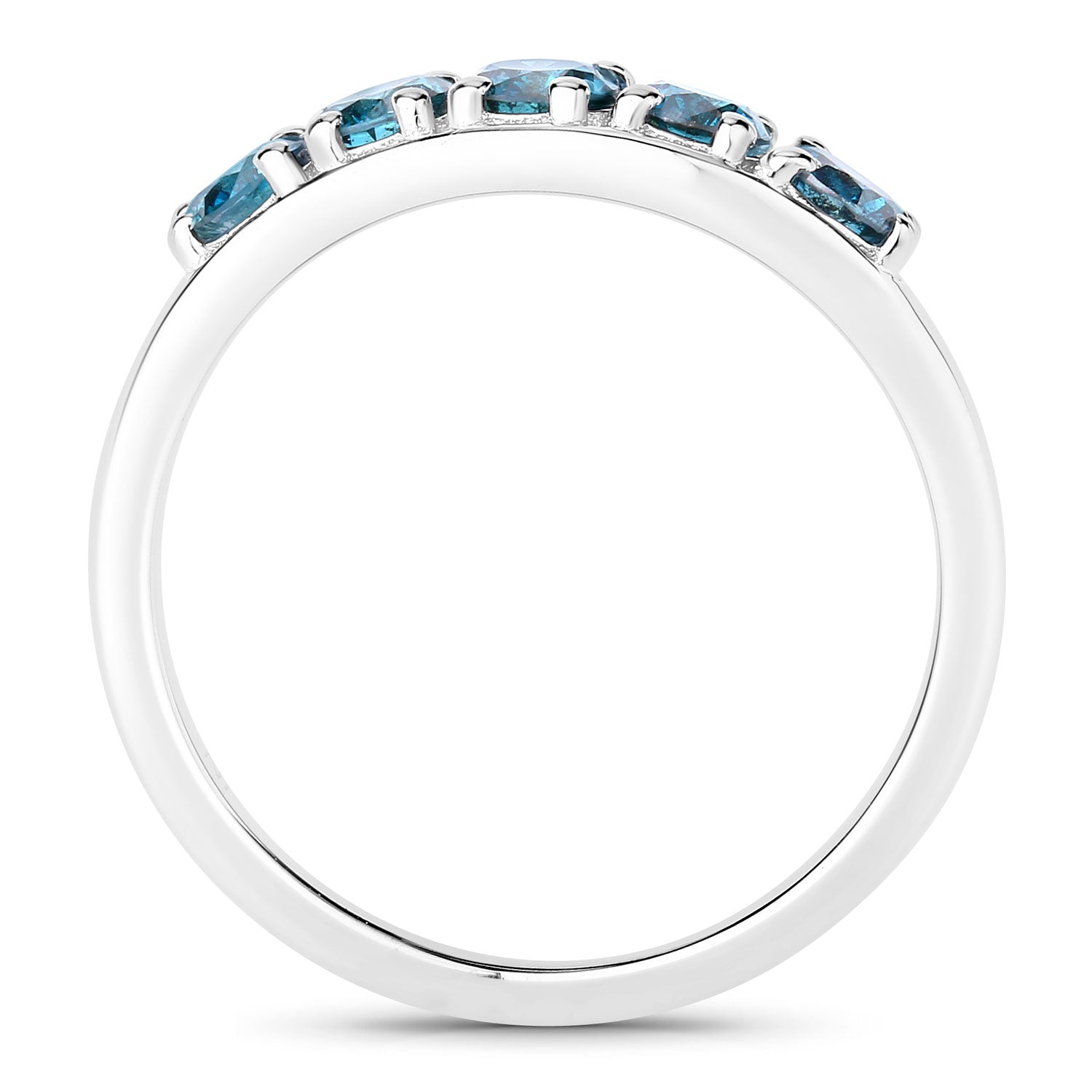 0.76 Cttw Round Teal Blue Diamond Rhodium Plated Silver Five Stone Ring