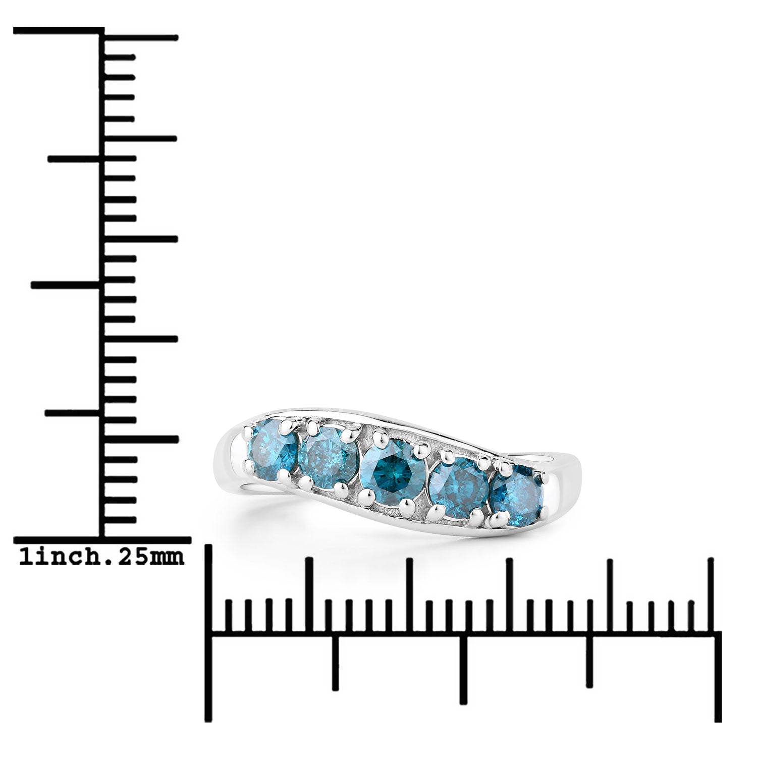 0.76 Cttw Round Teal Blue Diamond Rhodium Plated Silver Five Stone Ring