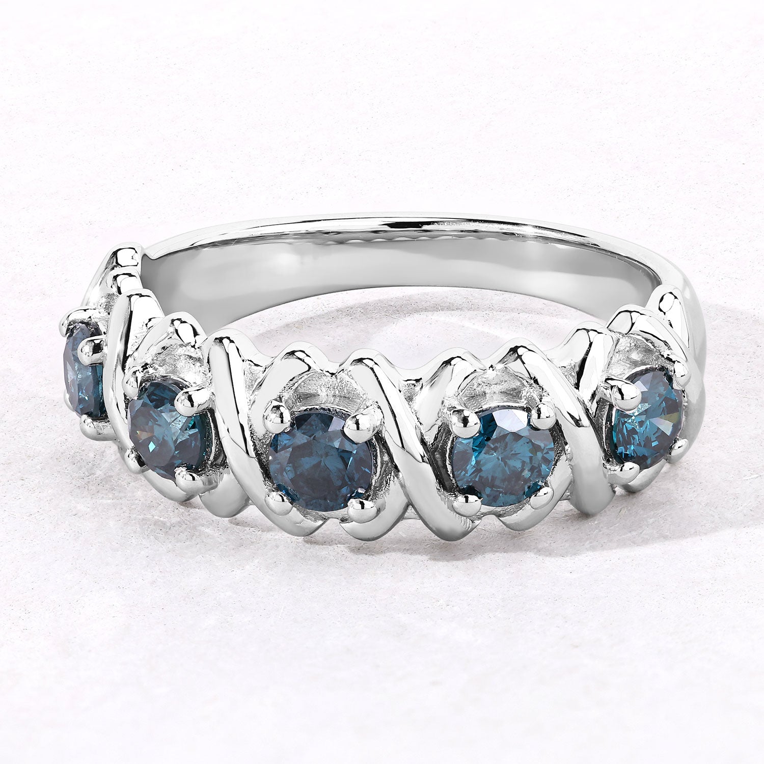 0.76 Cttw Round Teal Blue Diamond Rhodium Plated Silver Five Stone X Band Ring