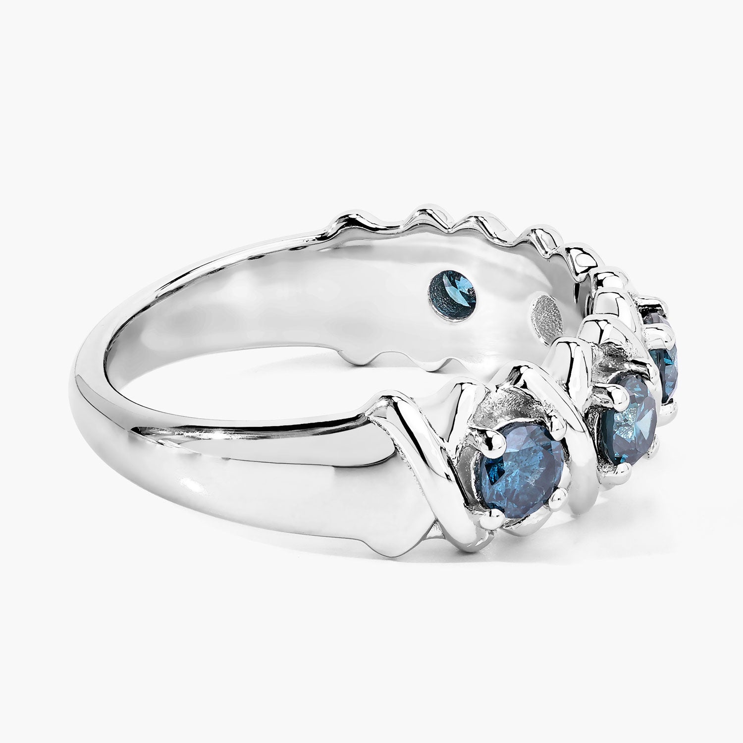 0.76 Cttw Round Teal Blue Diamond Rhodium Plated Silver Five Stone X Band Ring