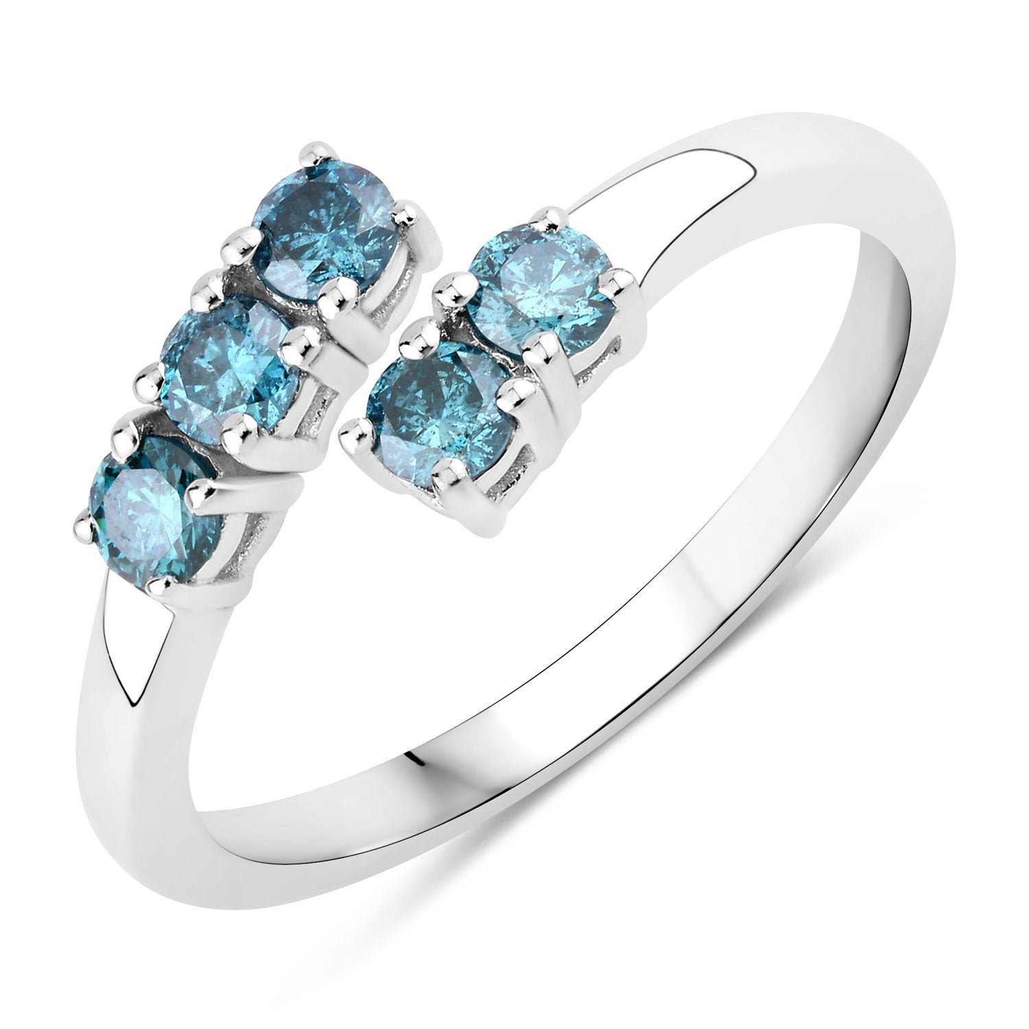 0.48 Cttw Round Teal Blue Diamond Rhodium Plated Silver Bypass Open Cuff Ring