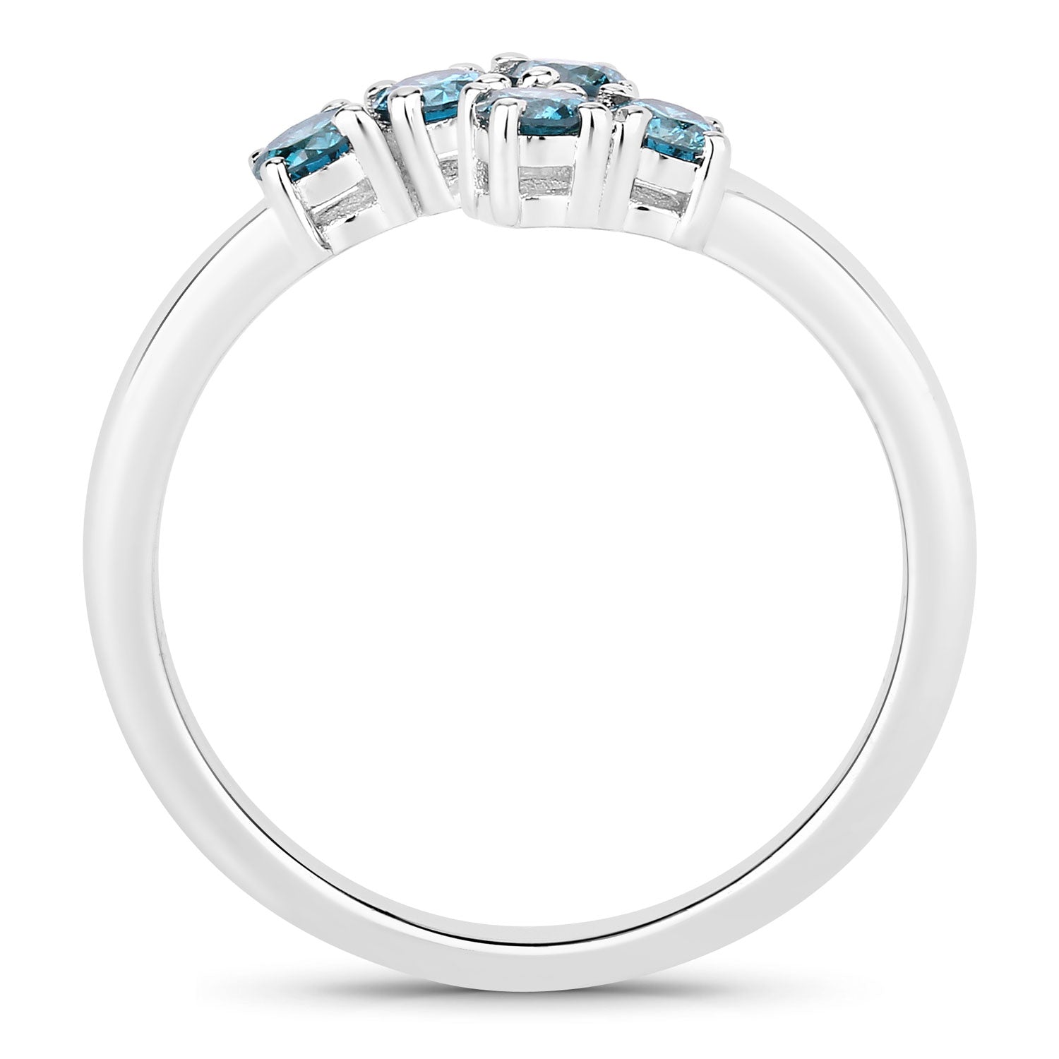 0.48 Cttw Round Teal Blue Diamond Rhodium Plated Silver Bypass Open Cuff Ring
